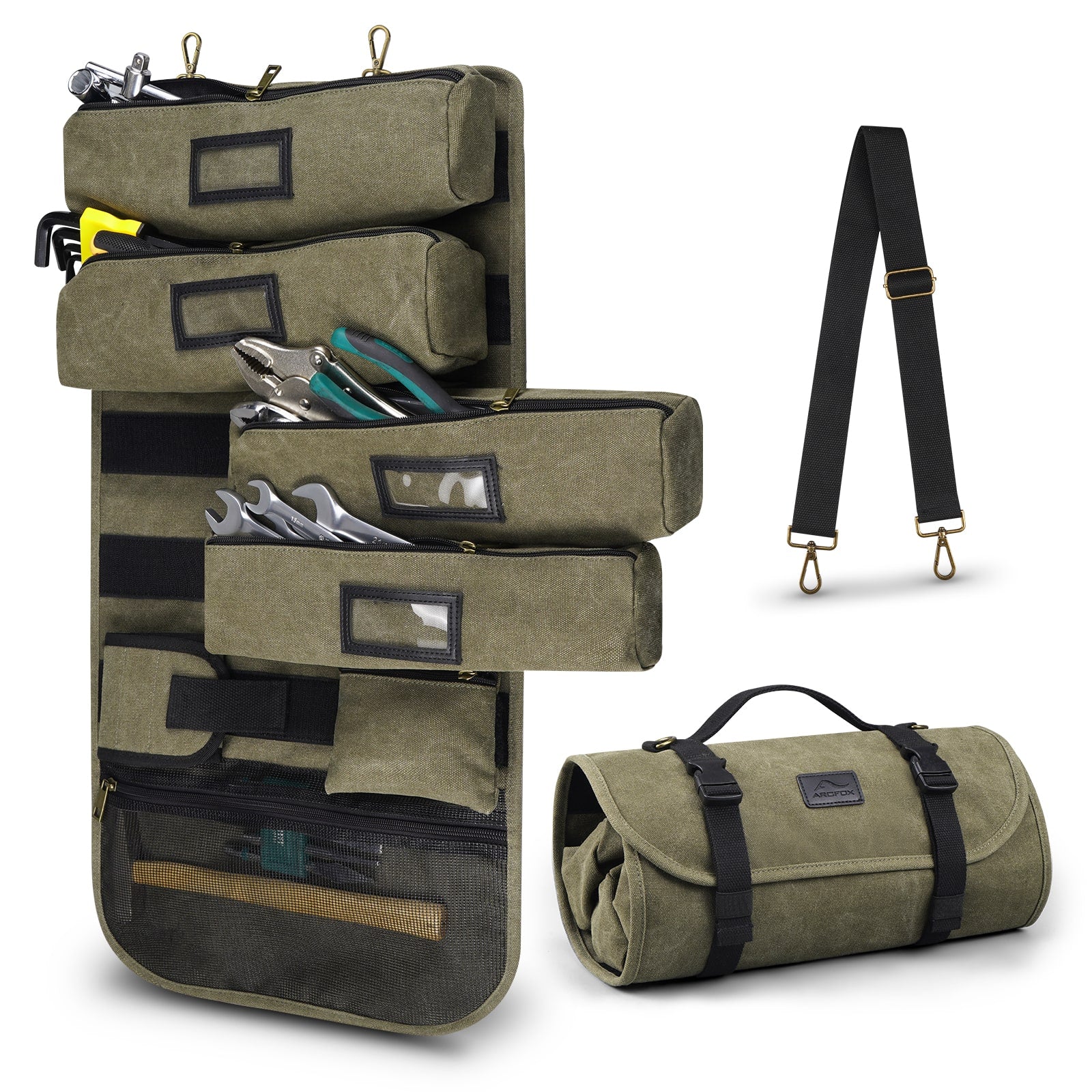 ARCFOX Vintage Canvas Roll Up Tool Bag Organizer w/ Removable Large Po ARCFOX Vintage Canvas Roll Up Tool Bag Organizer w/ Removable Large Po