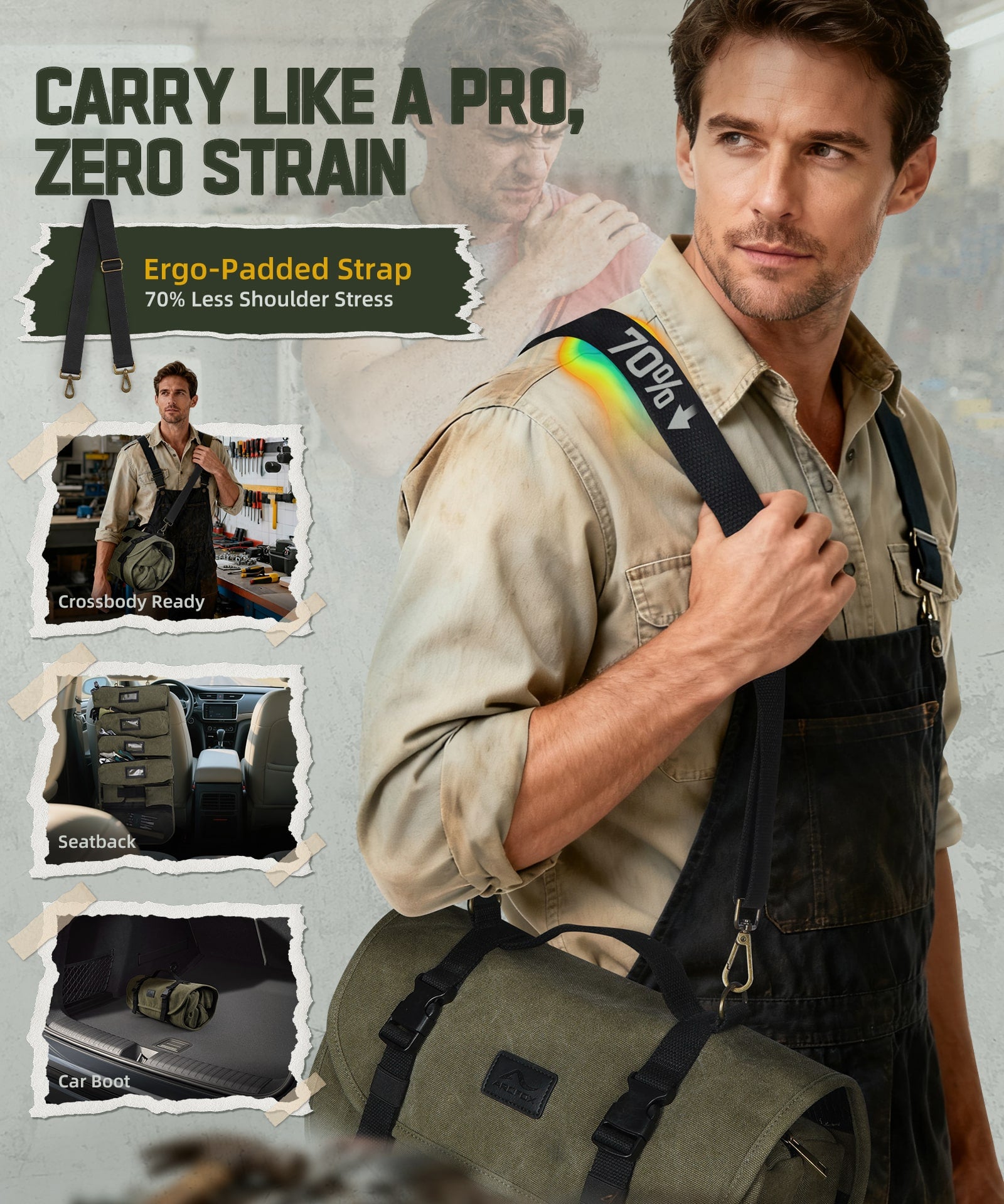 ARCFOX Vintage Canvas Roll Up Tool Bag Organizer w/ Removable Large Pouches For Mechanic Electrician