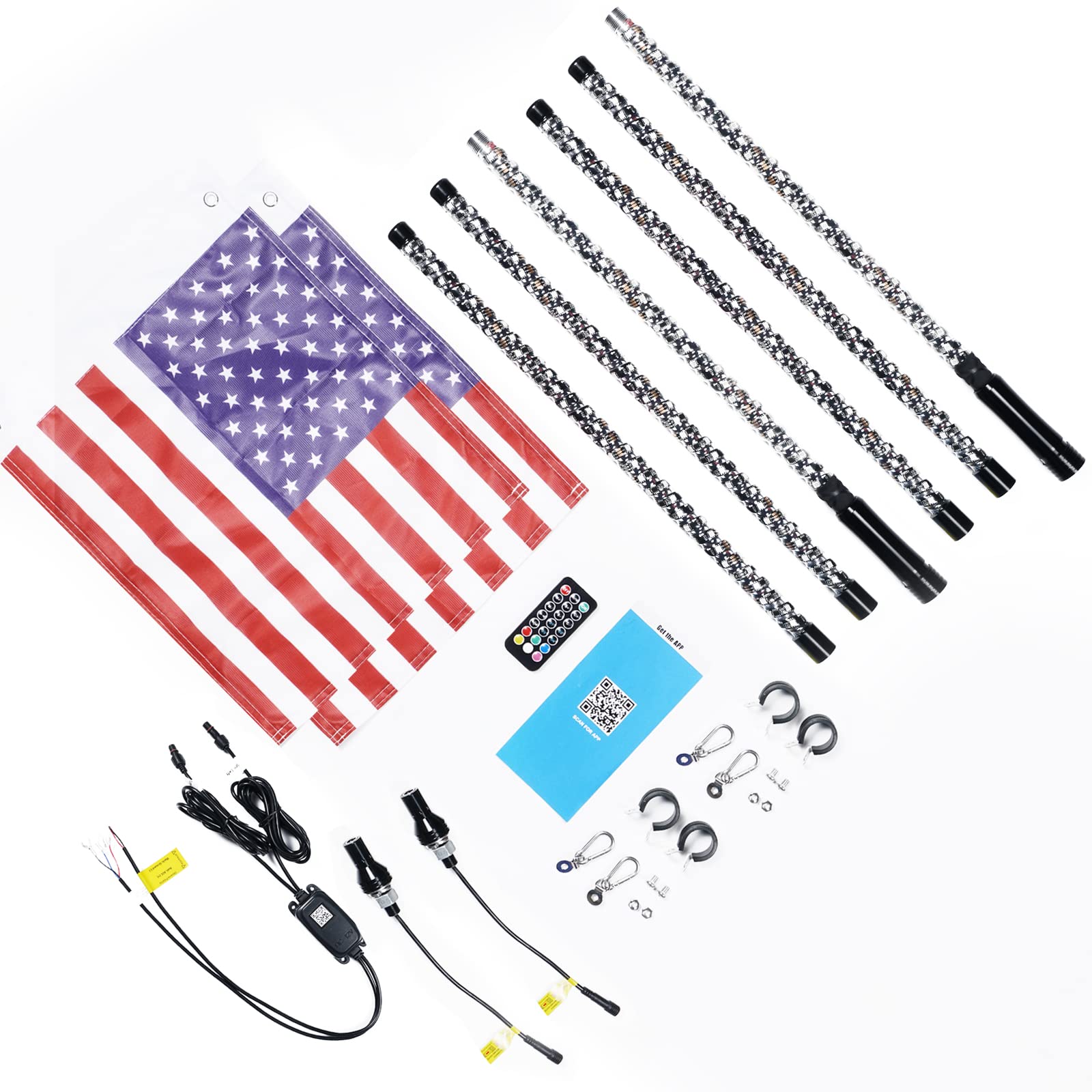 3FT 4FT 5FT 6FT RGB LED Spiral Whip Lights Flag Pole Lamp For UTV ATV APP Remote