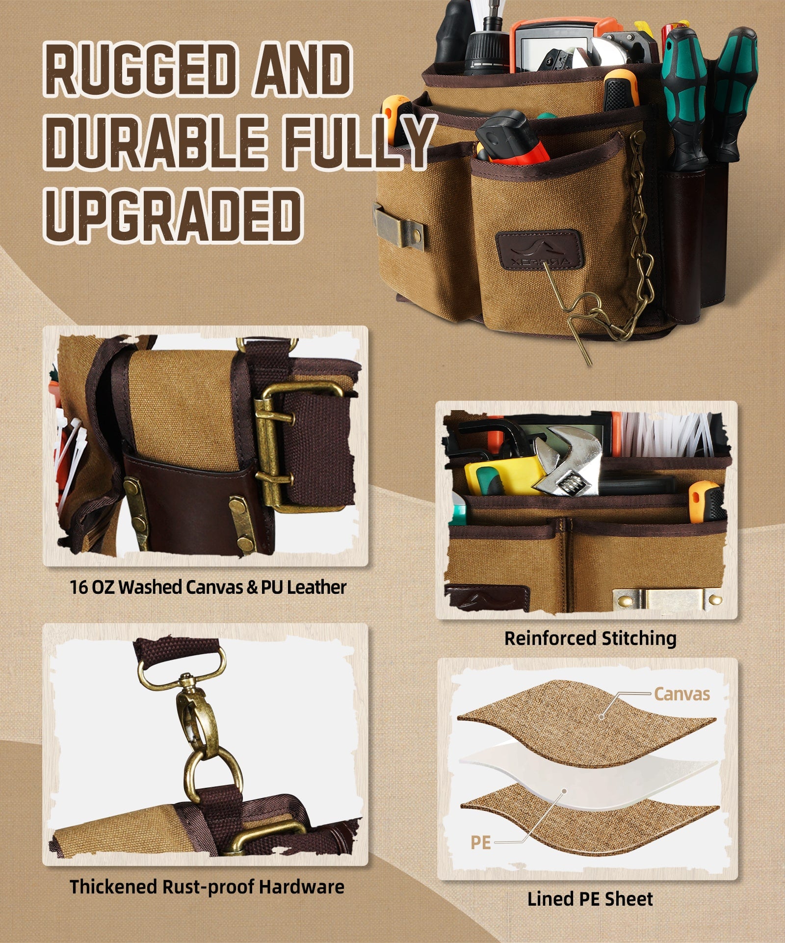 ARCFOX Vintage Canvas Tool Belt Pouches 37 Pockets with Hammer Holder