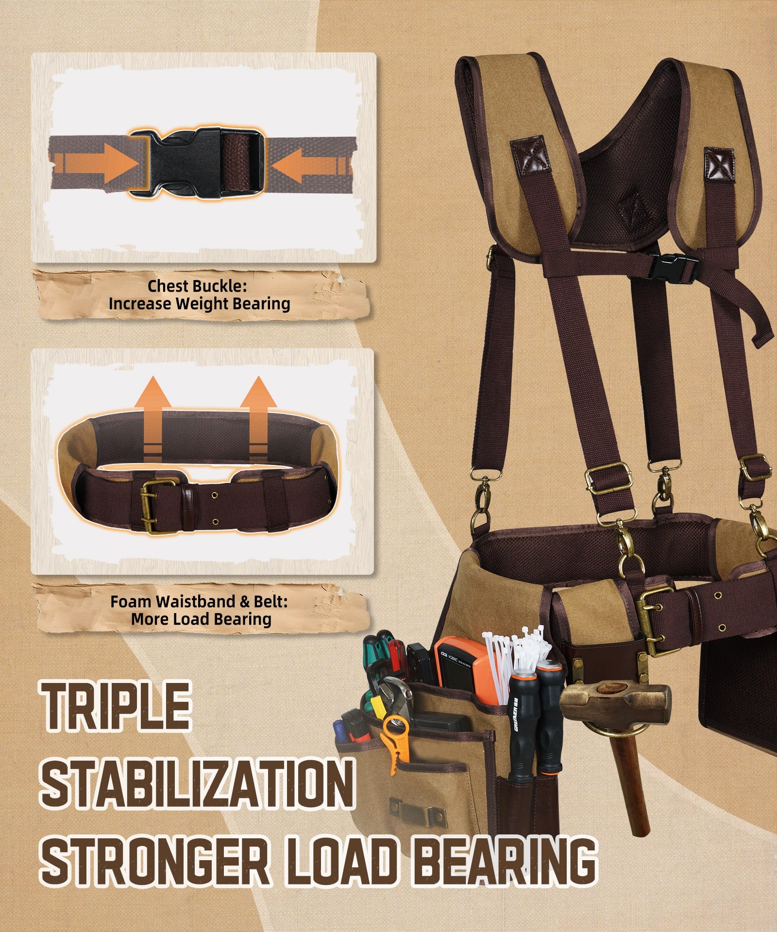 ARCFOX Vintage Canvas Tool Belt Pouches 37 Pockets with Hammer Holder