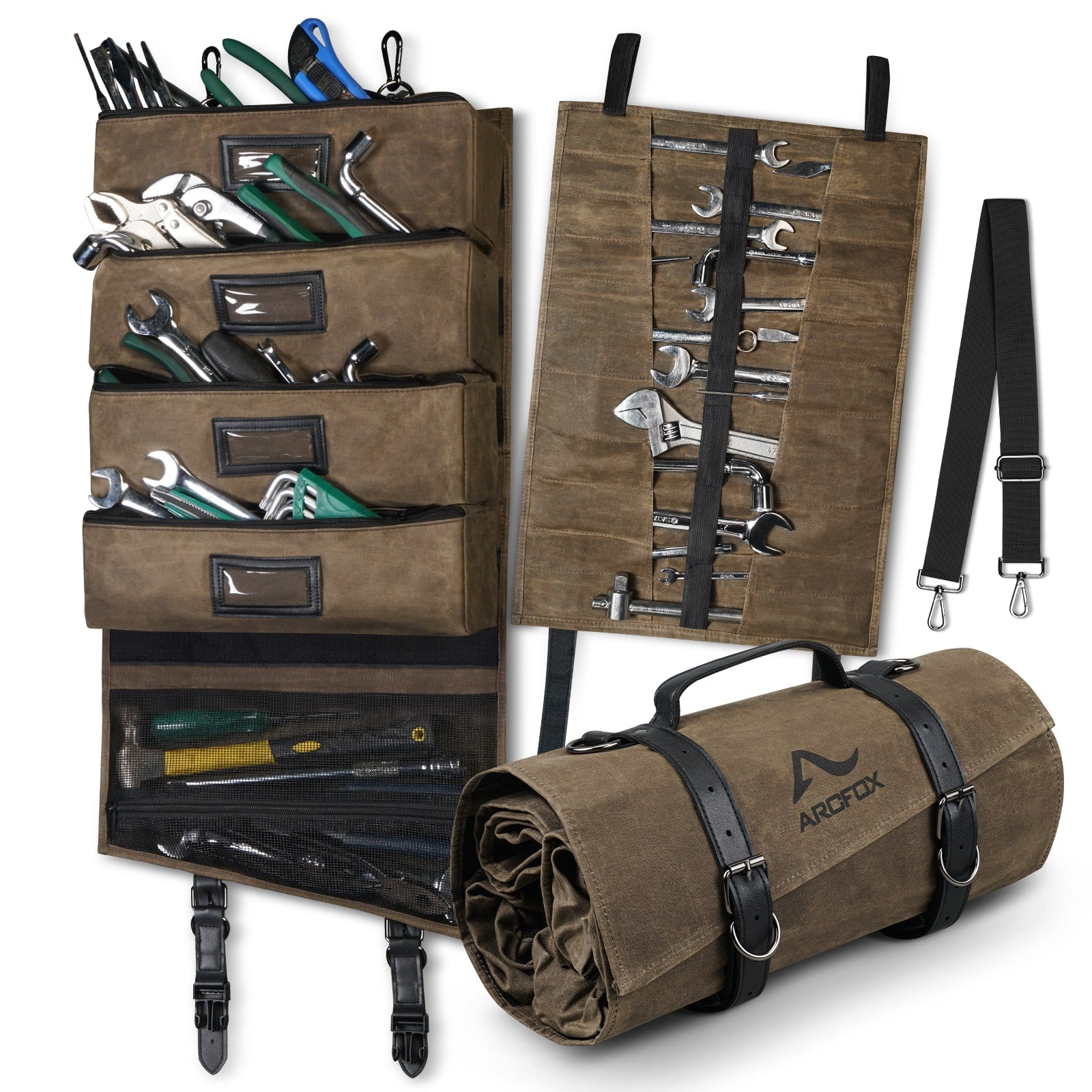 Tool Roll Up Bag Heavy Duty Oil Waxed Canvas Organizer with 5 Detachable Pouches Enlarged Size for Mechanics Electricians