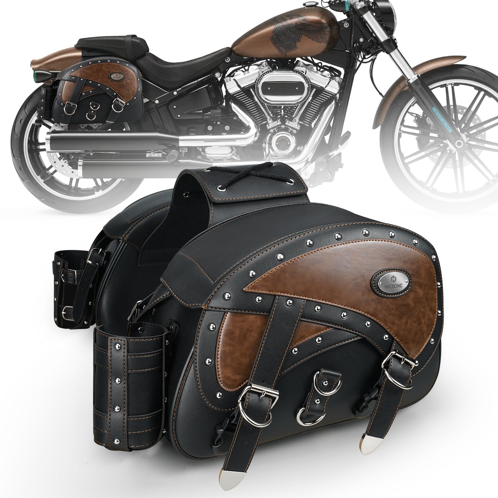 Motorcycle Saddlebags 35L Heavy Duty Leather Waterproof with Cup Holders For Cruiser Softail Dyna Road King