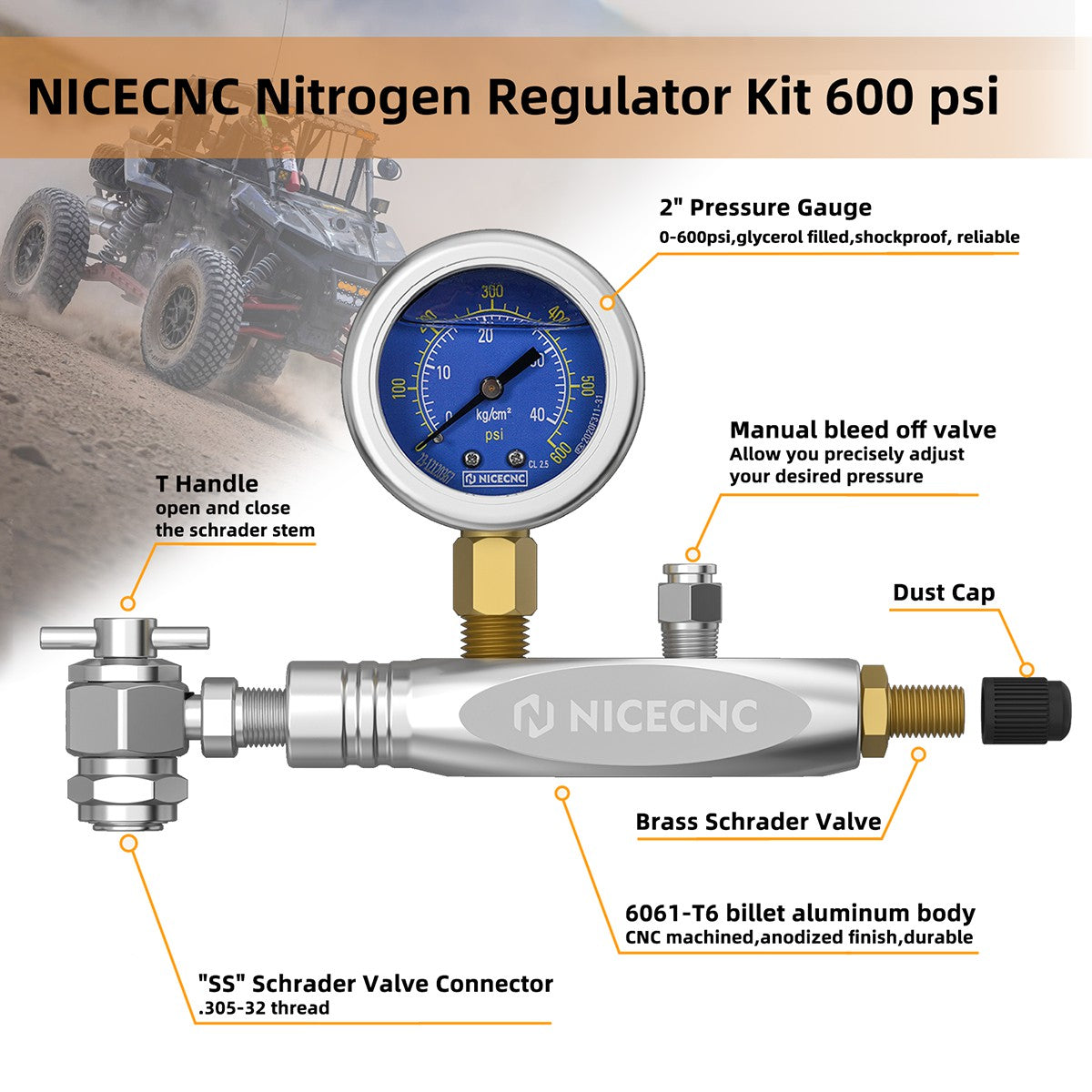 600PSI Regulator Kit No Loss Chuck Nitrogen Filling Tool For Schrader Valve Shock Off-Road Bikes, ATVs, UTVs
