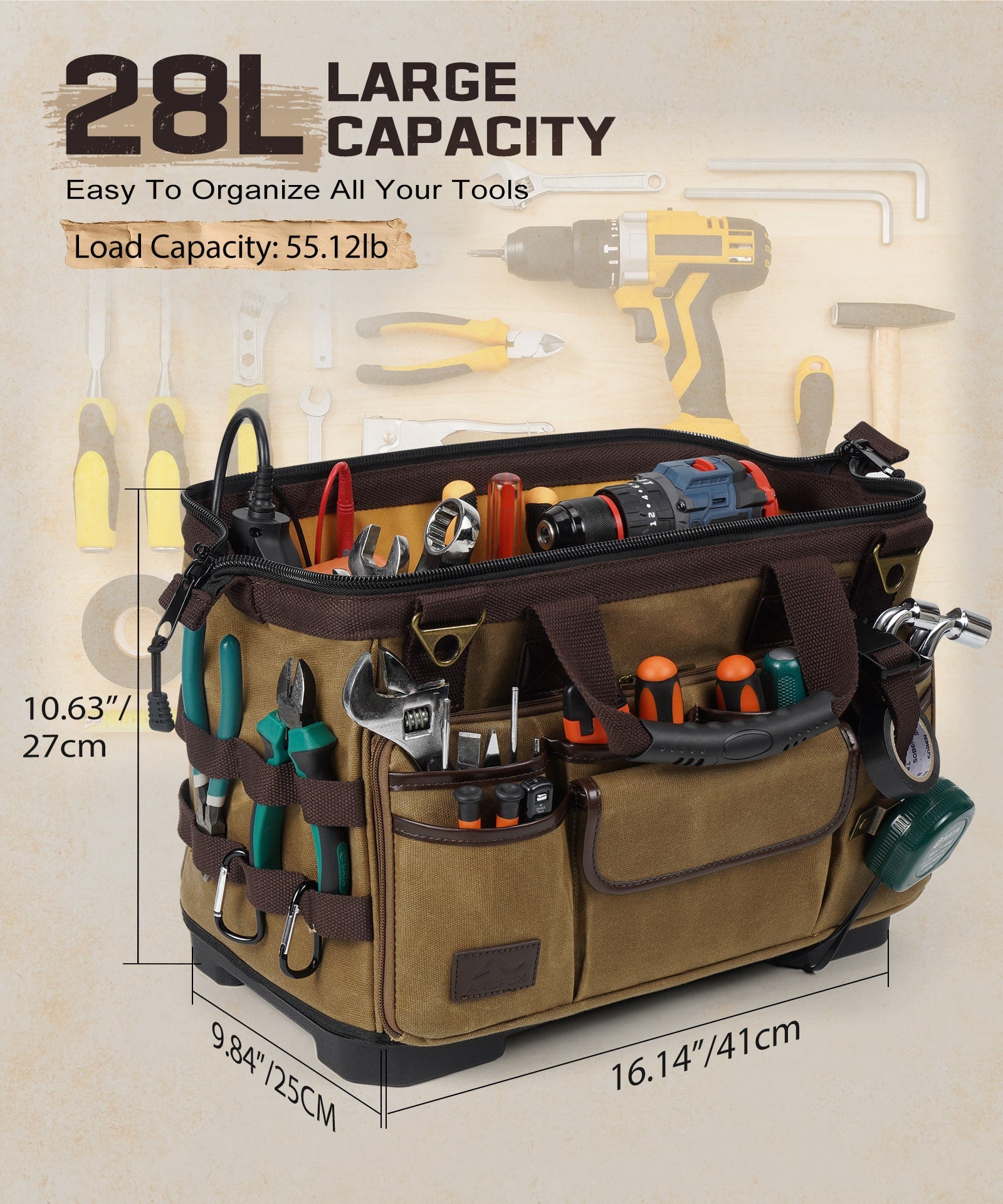 ARCFOX Vintage Waxed Canvas 16 Inch Mechanic Electrician 31 Pockets Tool Bag