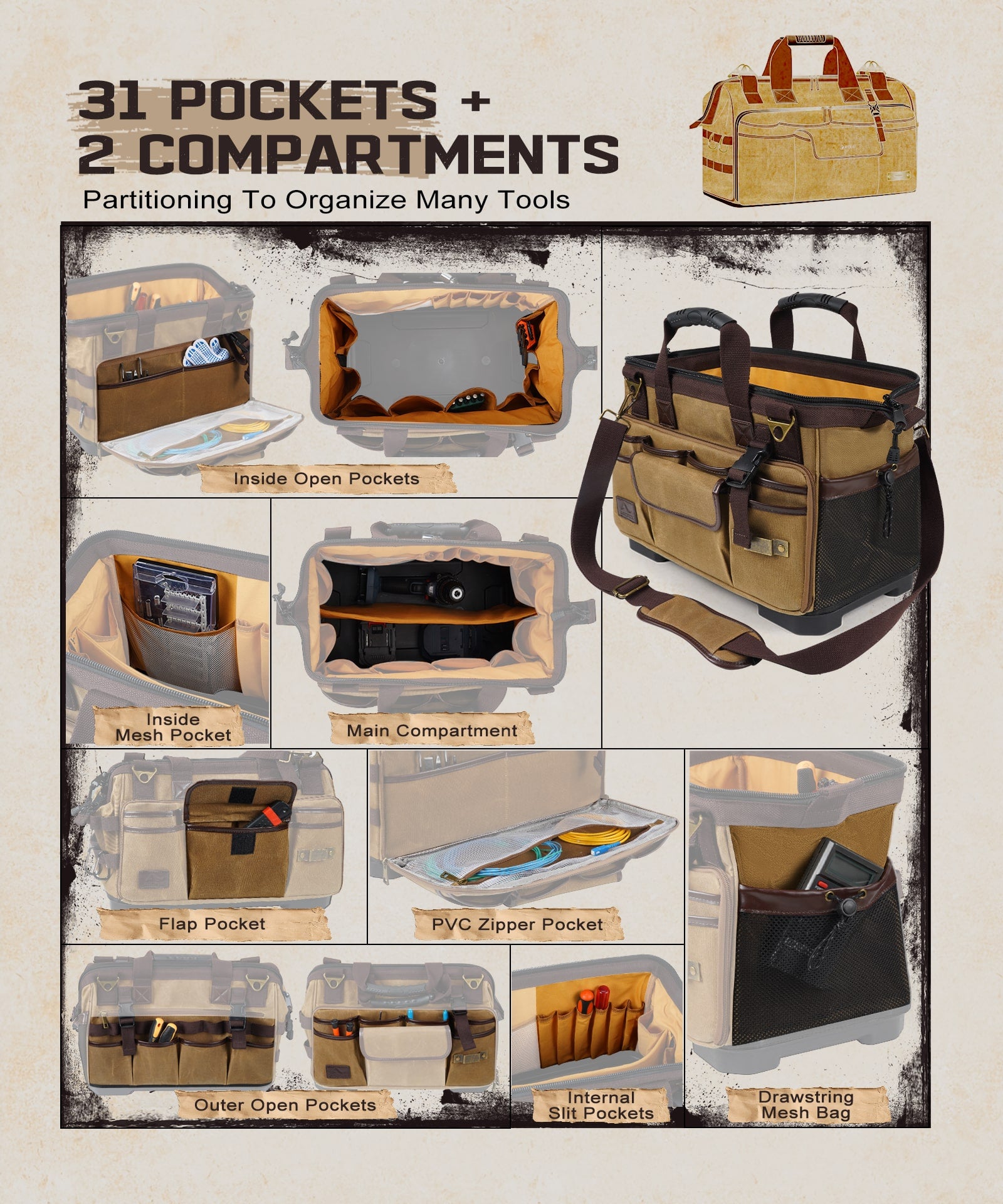 ARCFOX Vintage Waxed Canvas 16 Inch Mechanic Electrician 31 Pockets Tool Bag