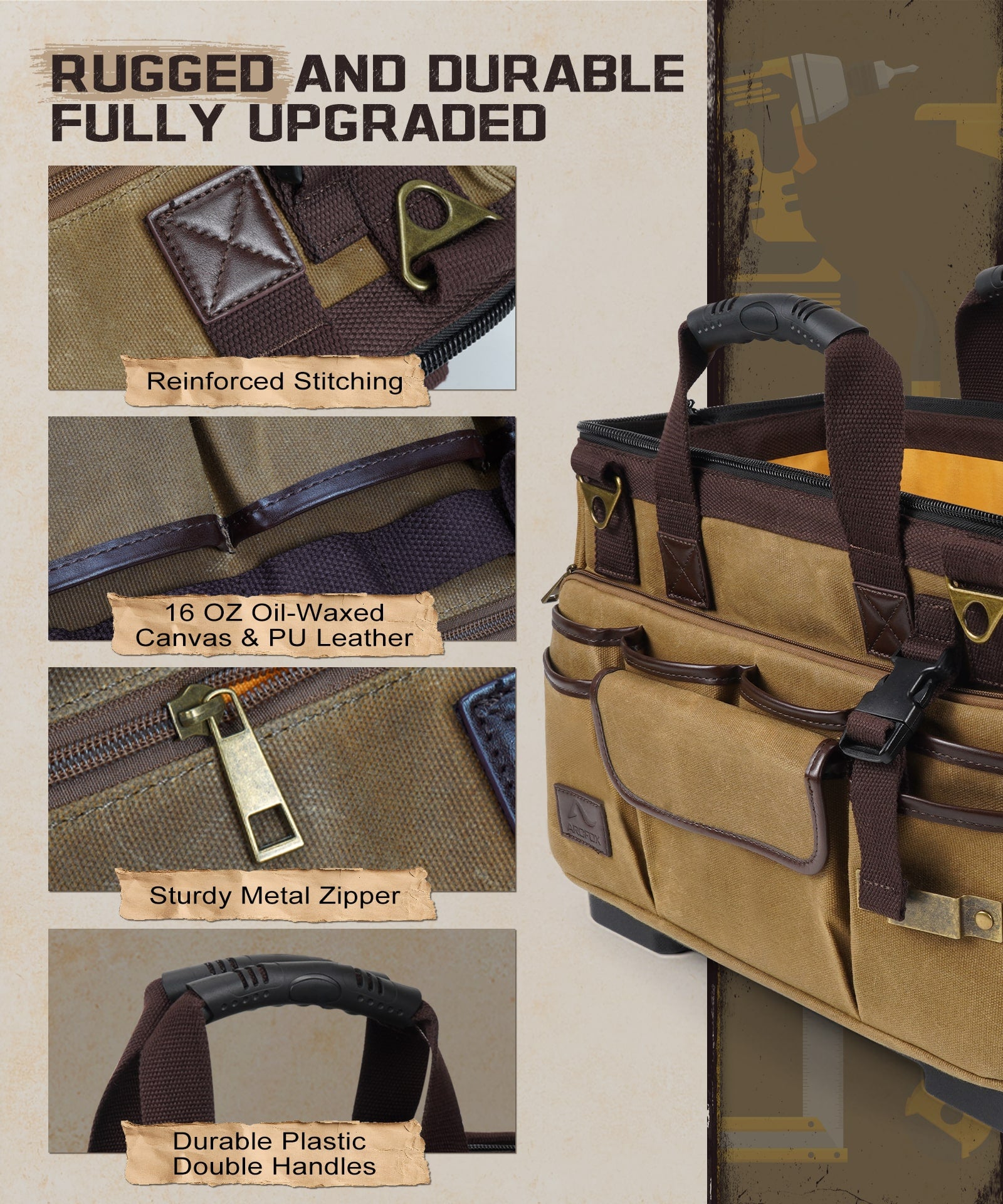 ARCFOX Vintage Waxed Canvas 16 Inch Mechanic Electrician 31 Pockets Tool Bag