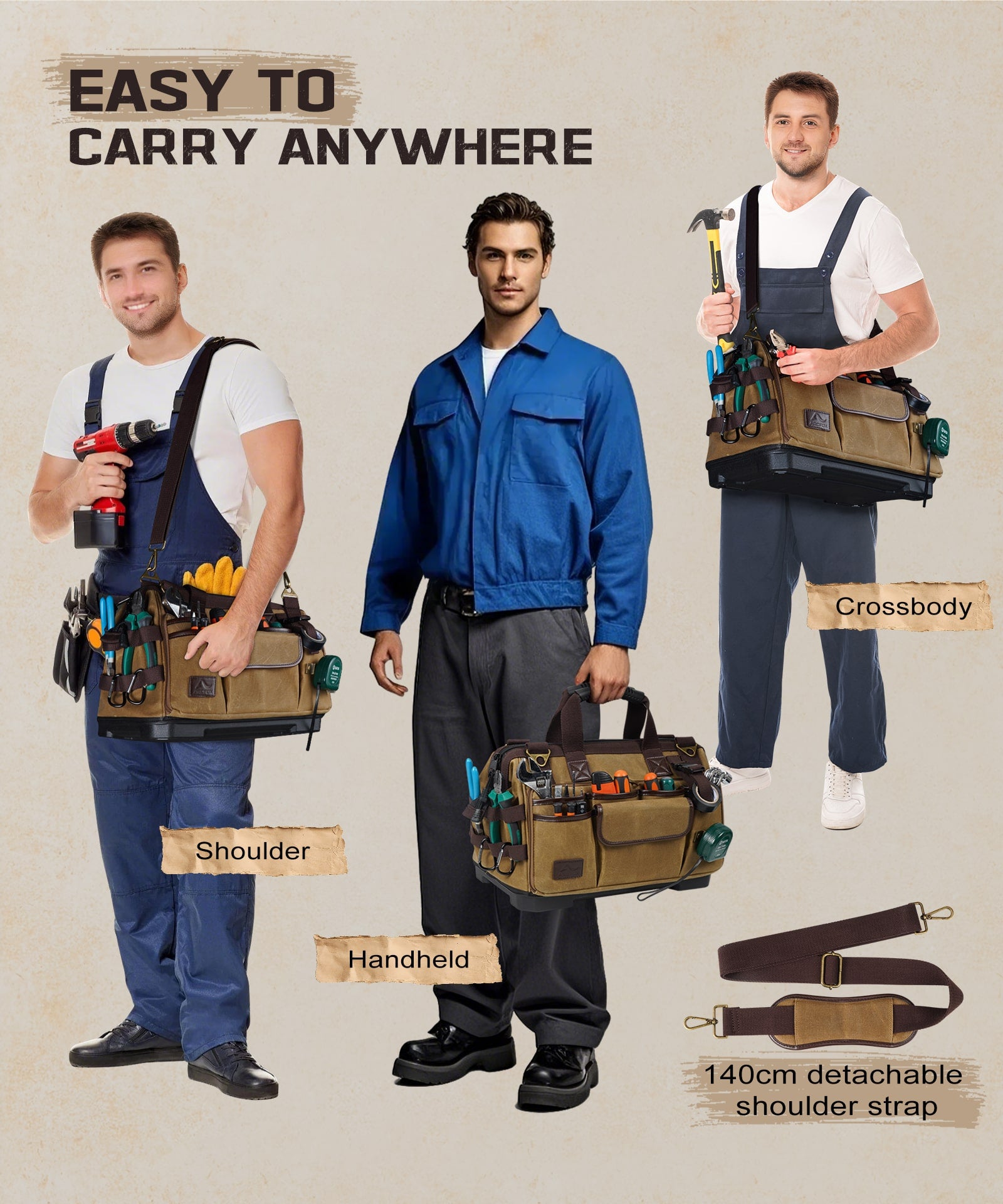 ARCFOX Vintage Waxed Canvas 16 Inch Mechanic Electrician 31 Pockets Tool Bag