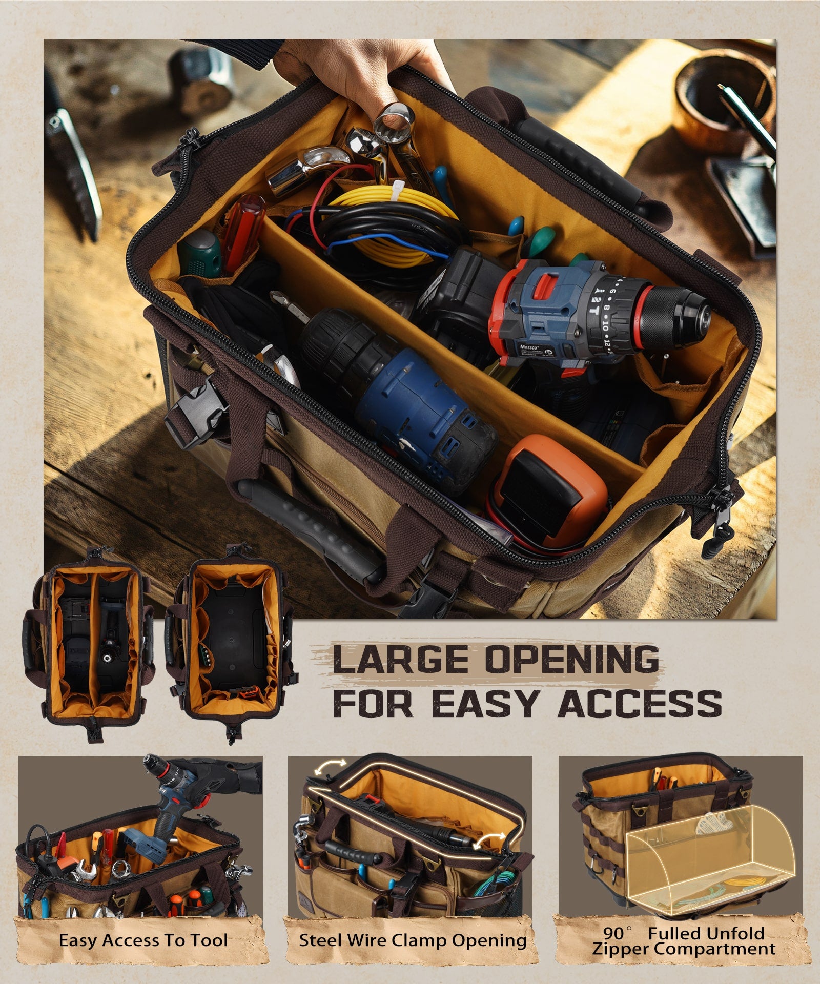 ARCFOX Vintage Waxed Canvas 16 Inch Mechanic Electrician 31 Pockets Tool Bag