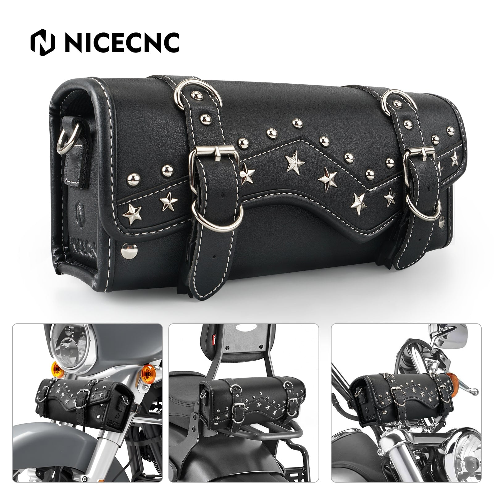 Motorcycle Handlebar Bag Star Rivet Cowhide Texture PU leather