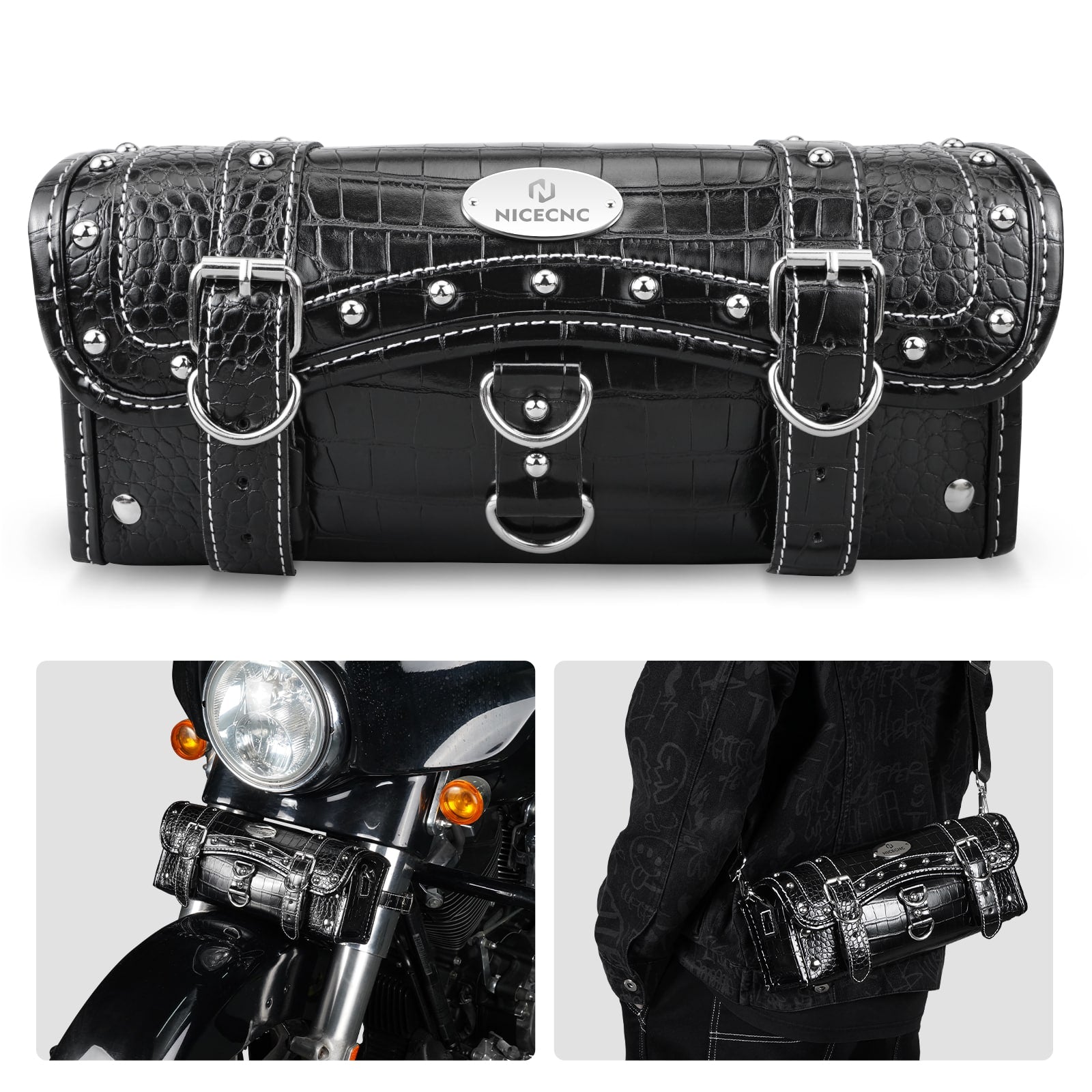 Vintage Motorcycle Handlebar Front Fork Bag Crocodile Texture PU Leather