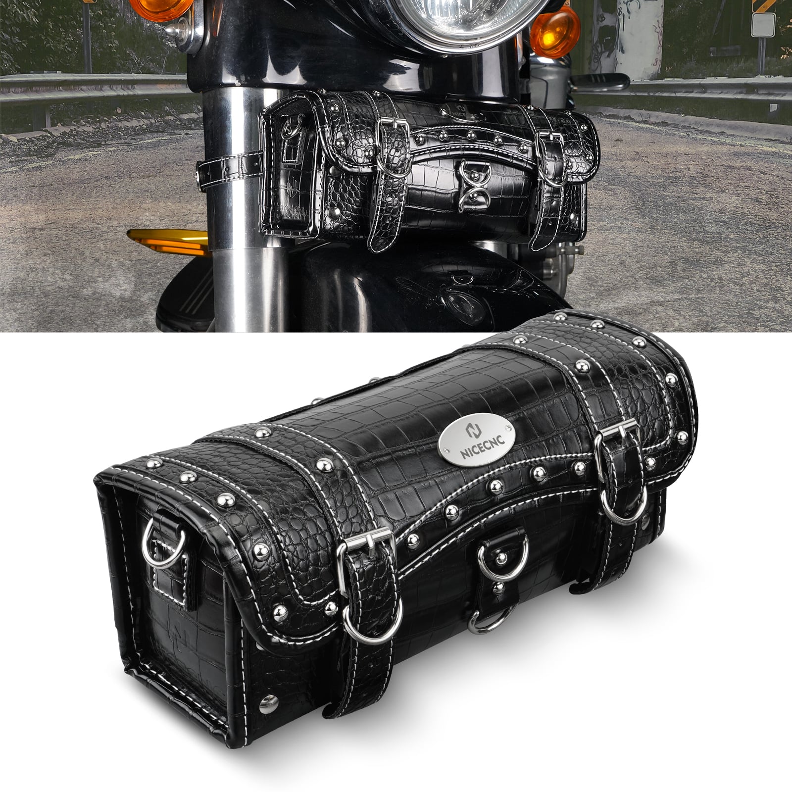 Vintage Motorcycle Handlebar Front Fork Bag Crocodile Texture PU Leather