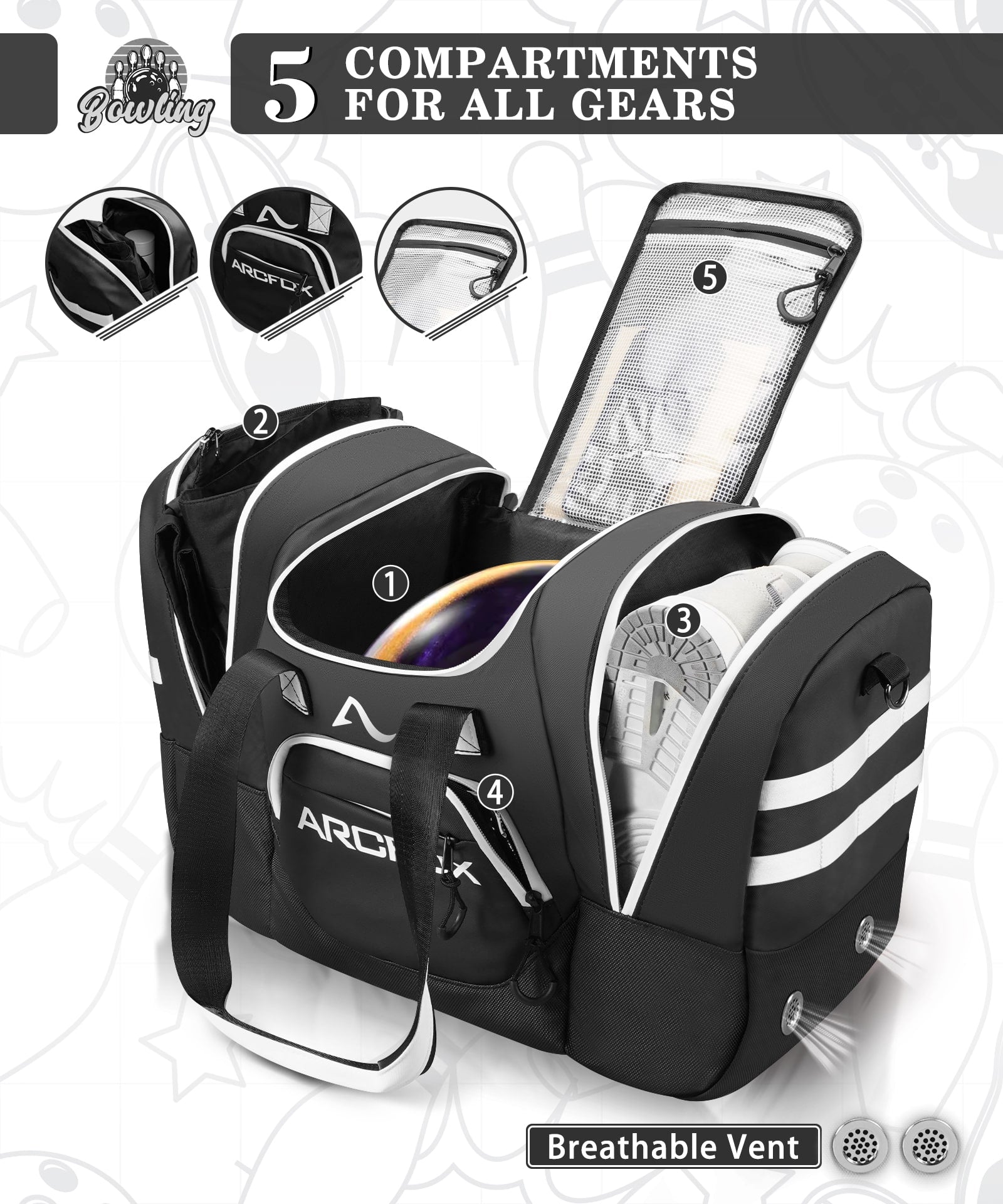 ARCFOX Bowling Bag for Single Ball with Reinforced Ball Holder Straps