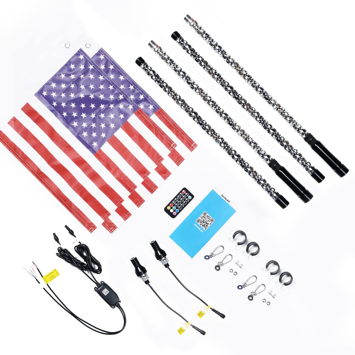 RGB LED Spiral Whip Lights Flag Pole Lamp For UTV ATV APP Remote