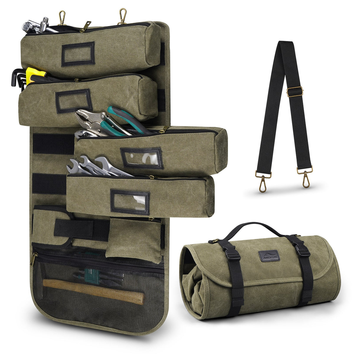 ARCFOX Vintage Canvas Roll Up Tool Bag Organizer w/ Removable Large Po