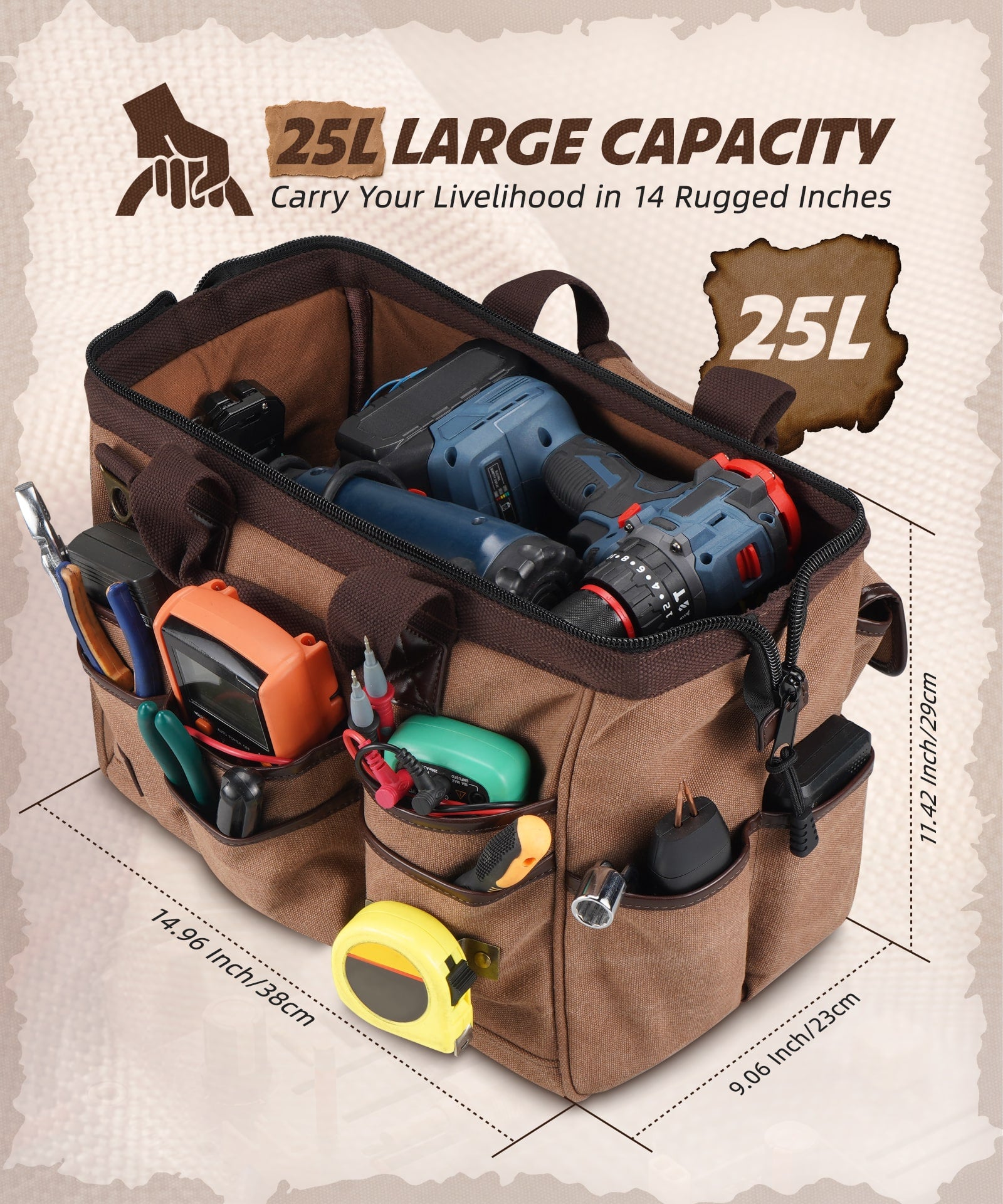 ARCFOX Canvas 25L 21-Pockets Tool Bag For  Electrician Mechanic Carpenter Construction