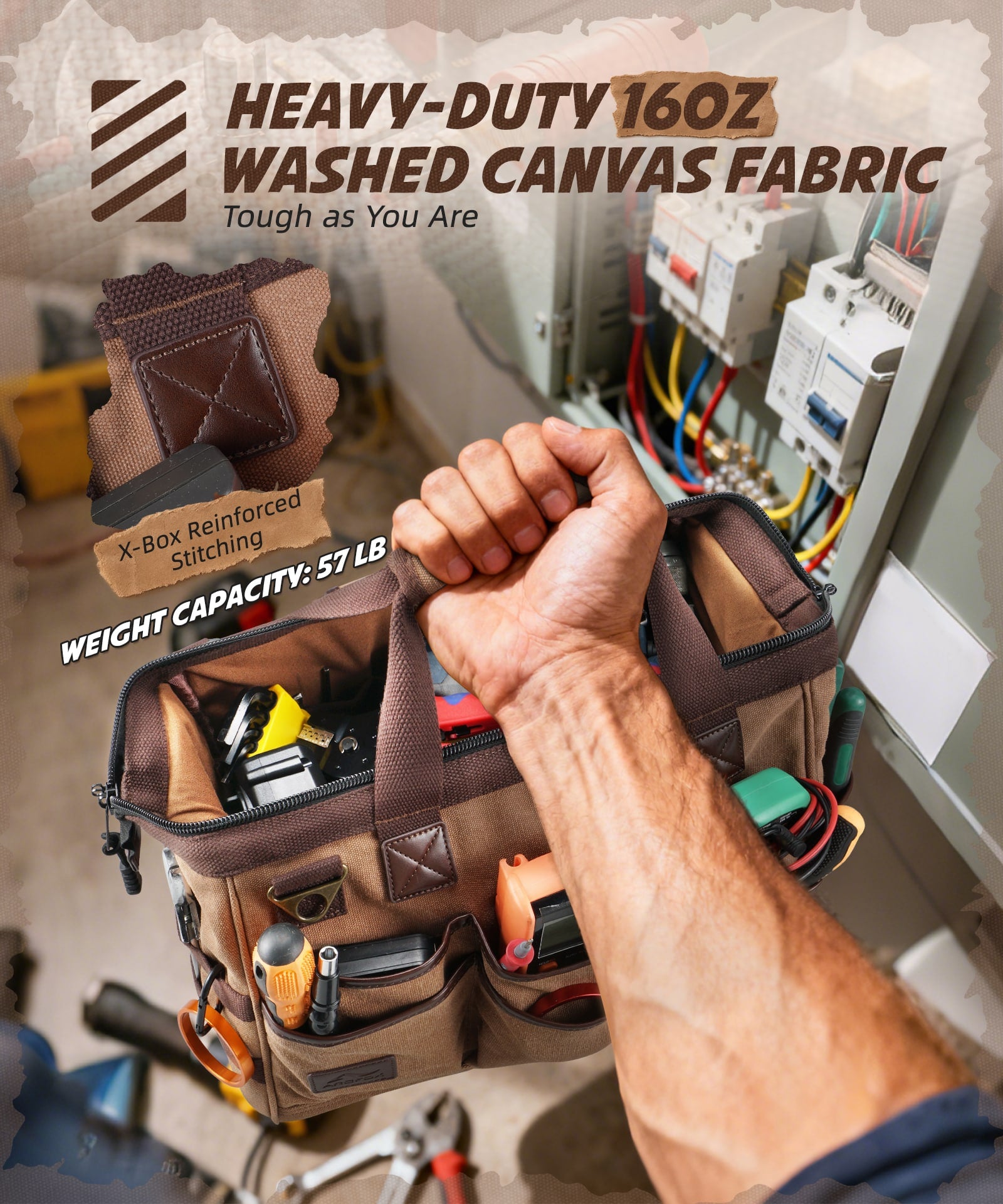 ARCFOX Canvas 25L 21-Pockets Tool Bag For  Electrician Mechanic Carpenter Construction