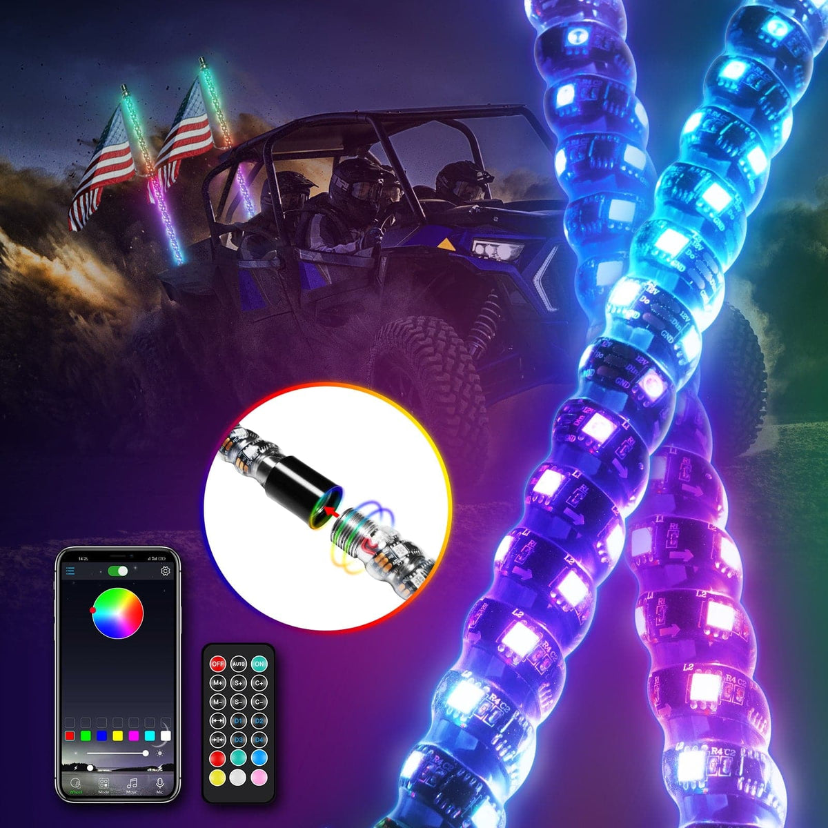 3FT 4FT 5FT 6FT RGB LED Spiral Whip Lights Flag Pole Lamp For UTV ATV APP Remote