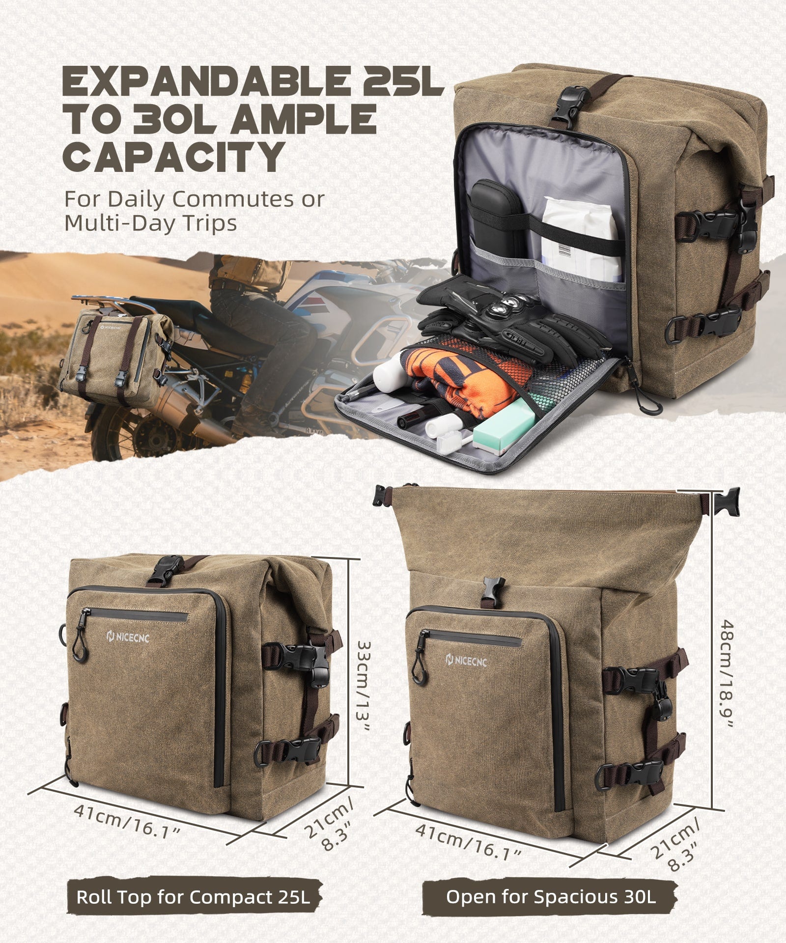 Cotton Canvas 30L Quick-Release Motorcycle Rear Luggage Pannier Rack S