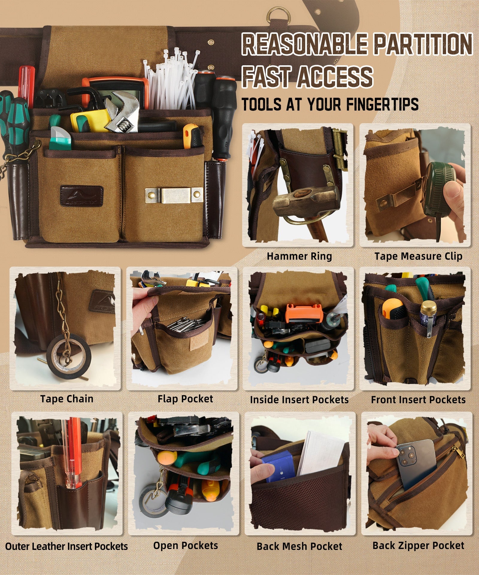 ARCFOX Vintage Canvas Tool Belt Pouches 37 Pockets with Hammer Holder