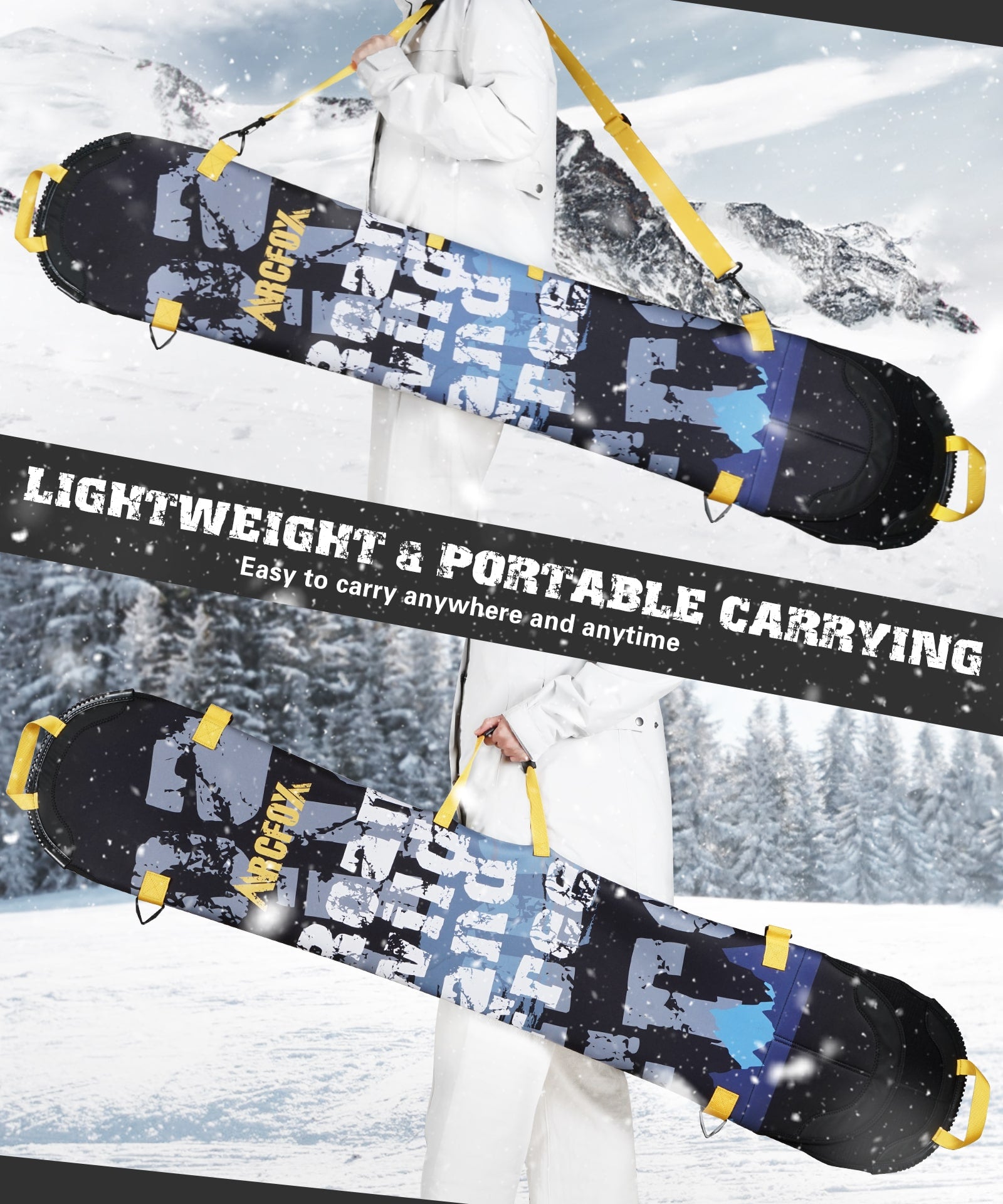 ARCFOX 2nd Gen Adjustable Snowboard Bag Fits 140cm-168cm Heavy Duty 4mm Neoprene Fabric