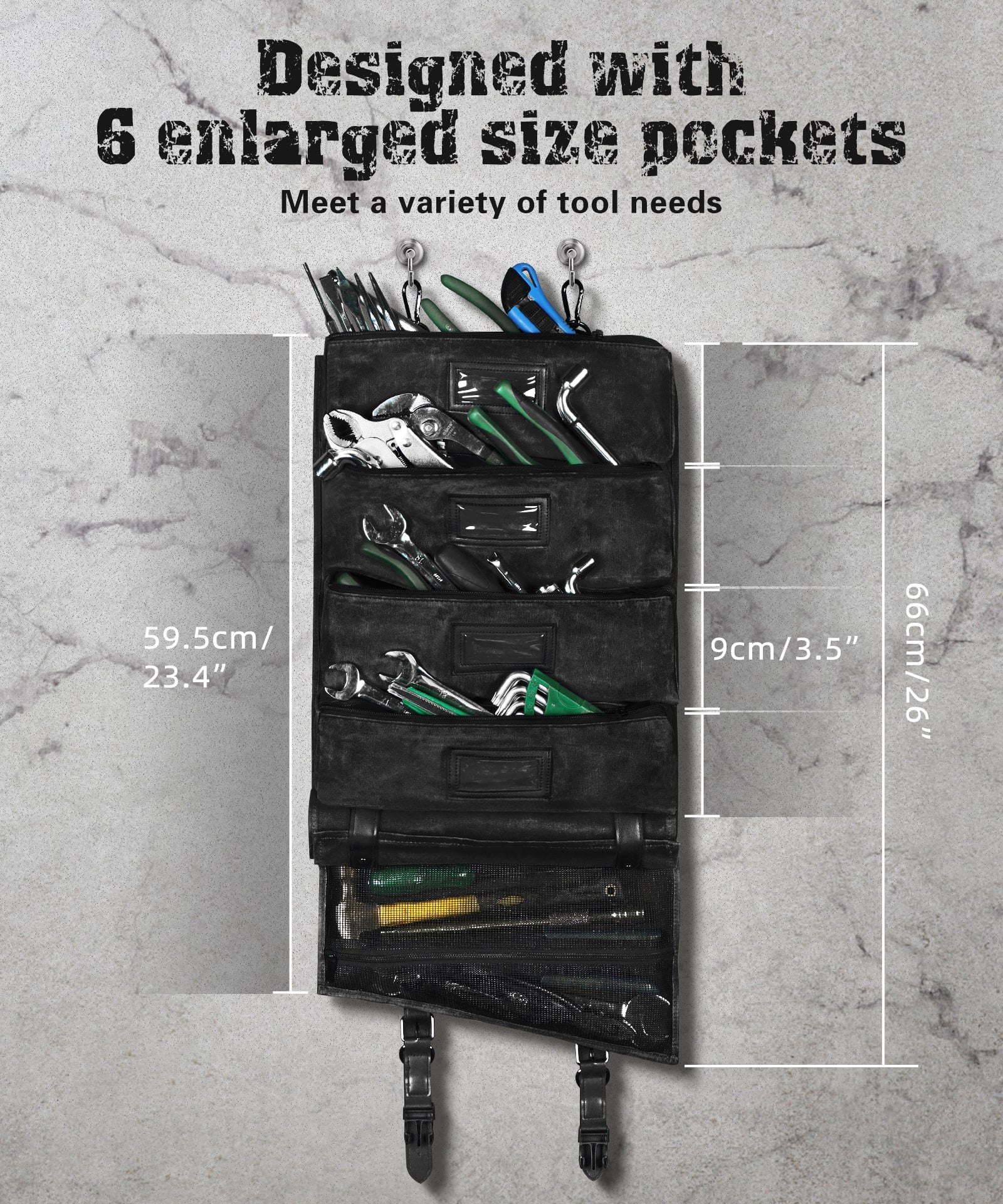 Tool Roll Up Bag Heavy Duty Oil Waxed Canvas Organizer with 5 Detachable Pouches Enlarged Size for Mechanics Electricians