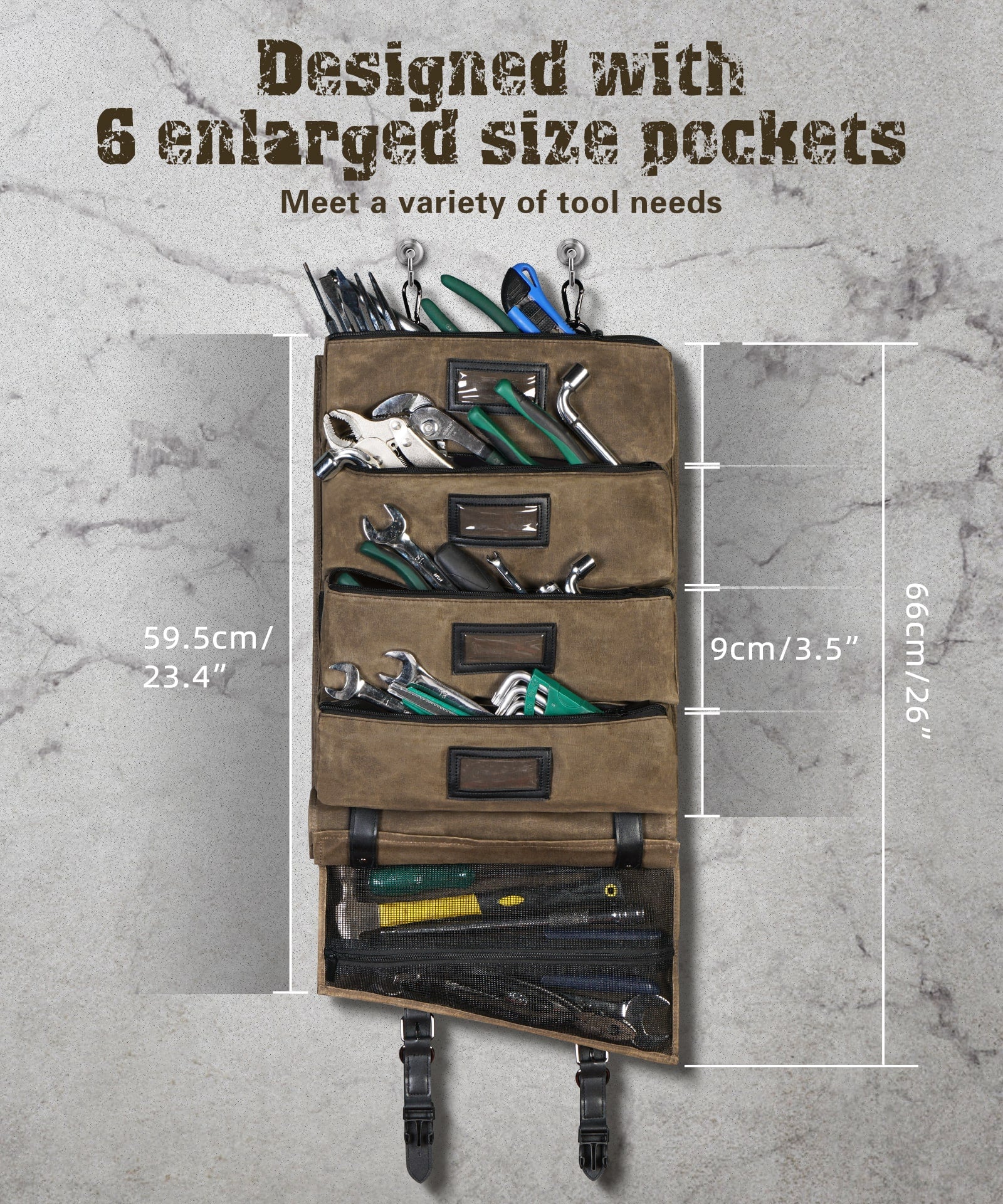 Tool Roll Up Bag Heavy Duty Oil Waxed Canvas Organizer with 5 Detachable Pouches Enlarged Size for Mechanics Electricians