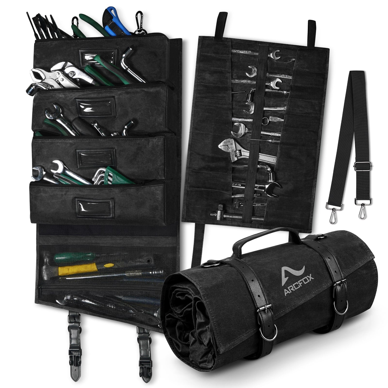 Tool Roll Up Bag Heavy Duty Oil Waxed Canvas Organizer with 5 Detachable Pouches Enlarged Size for Mechanics Electricians