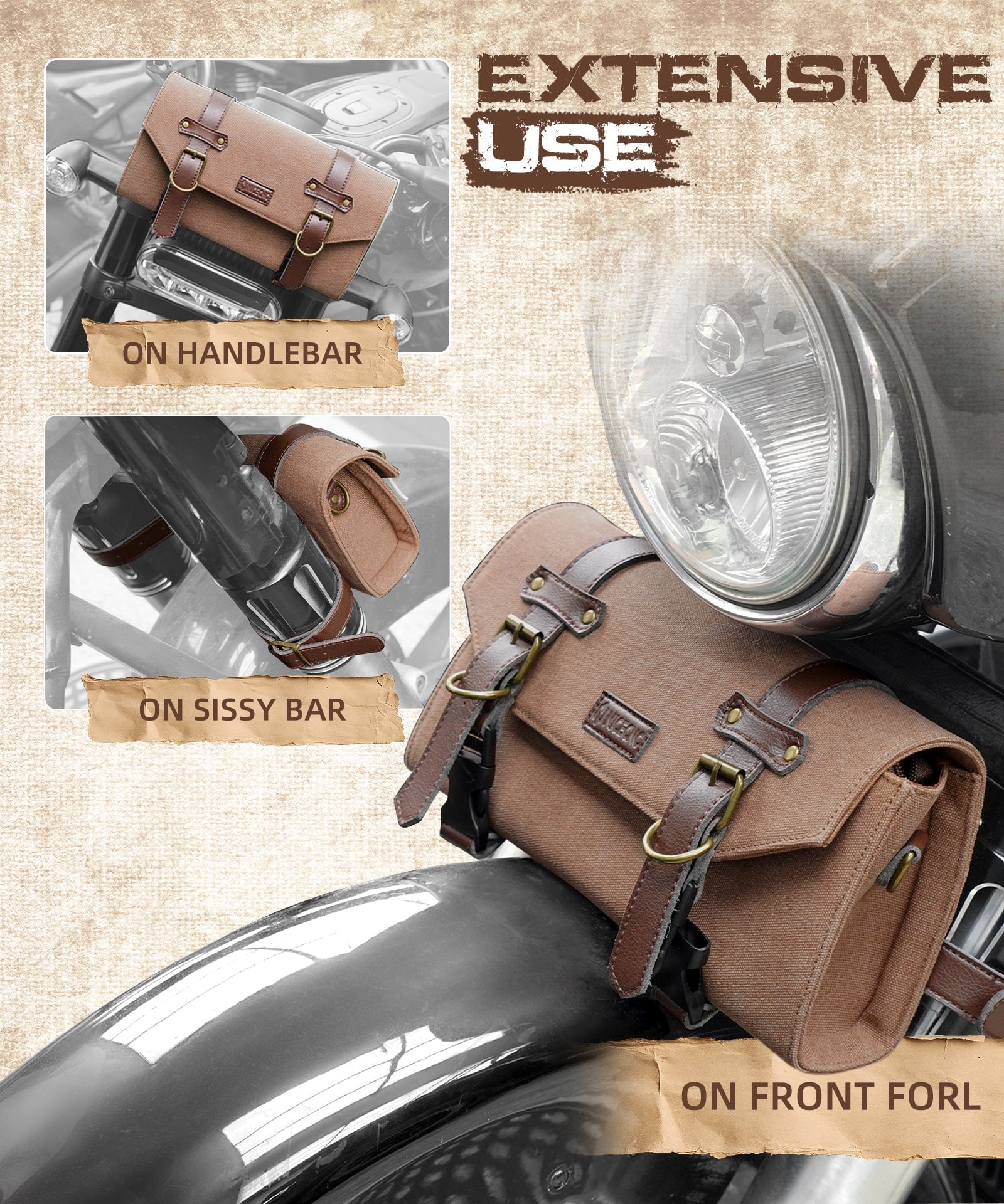 Canvas Handlebar Front Fork Sissy Bar Storage Bag For Harley Dyna Softail Sportster Scooter