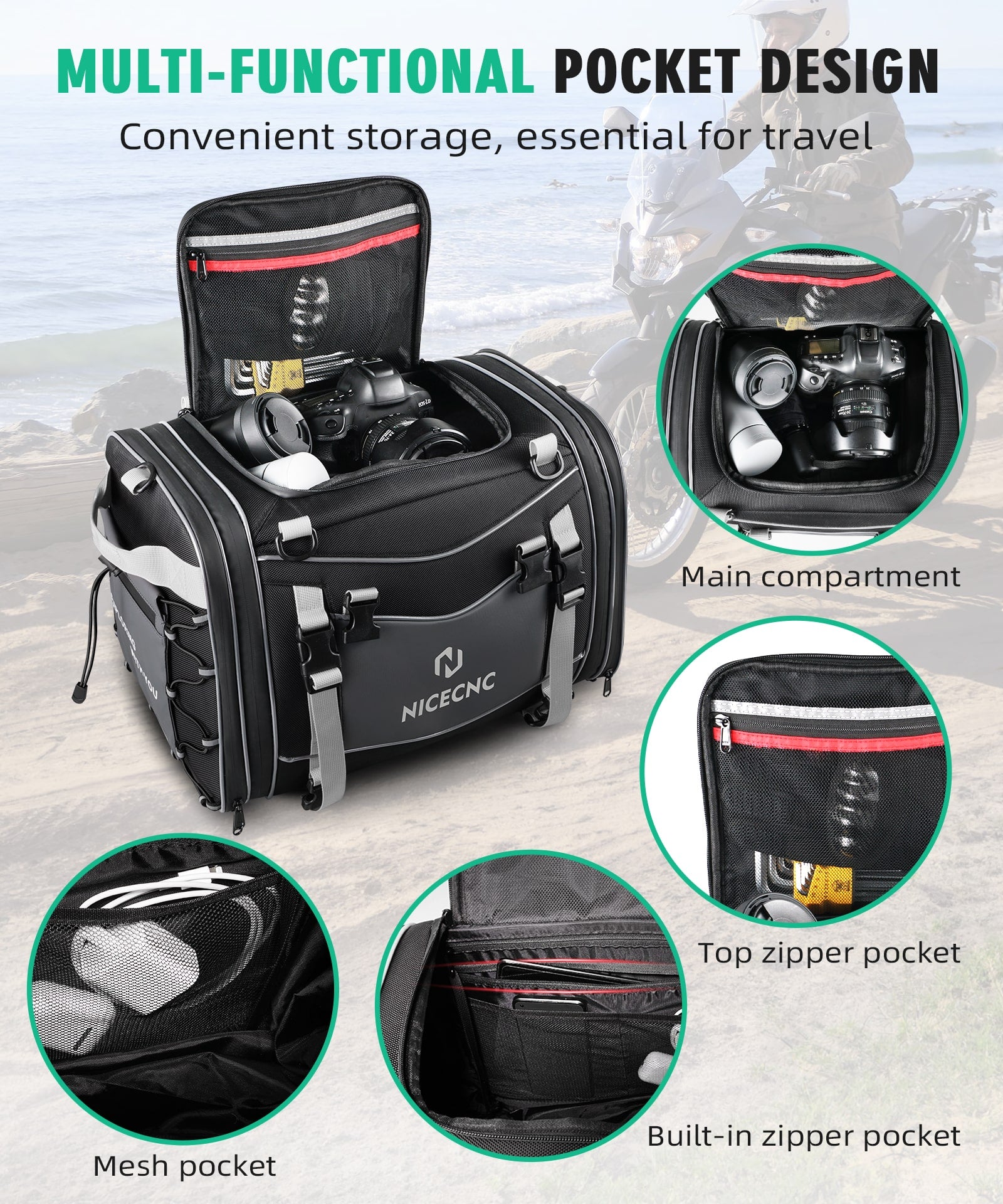 Multi-functional Motorcycle Tail Bag 53L Expandable Luggage Rack Bag Trunk Helmet Storage Bag