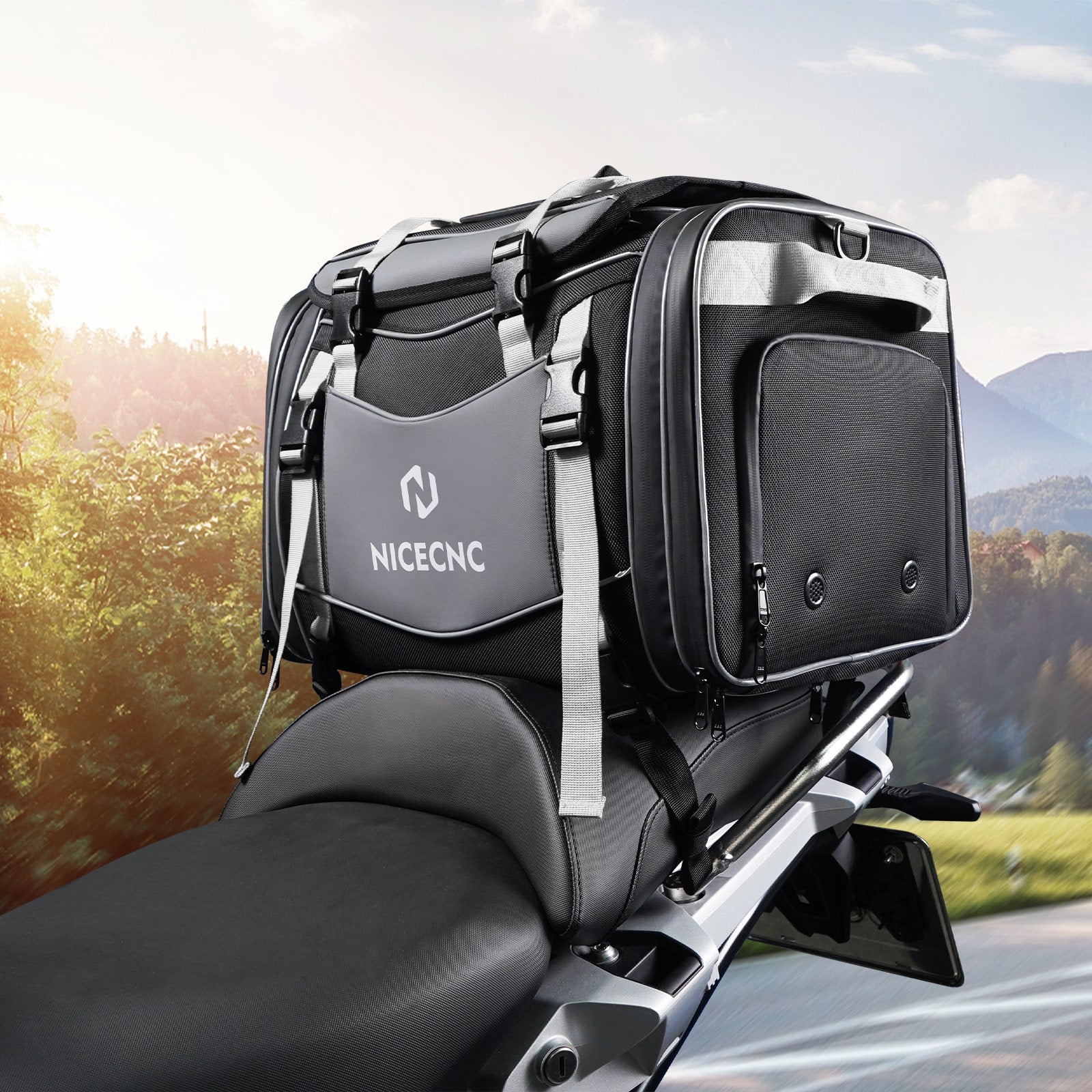 Multi-functional Motorcycle Rear Seat Bag 53L Expandable Luggage Rack Bag Trunk Helmet Storage Bag