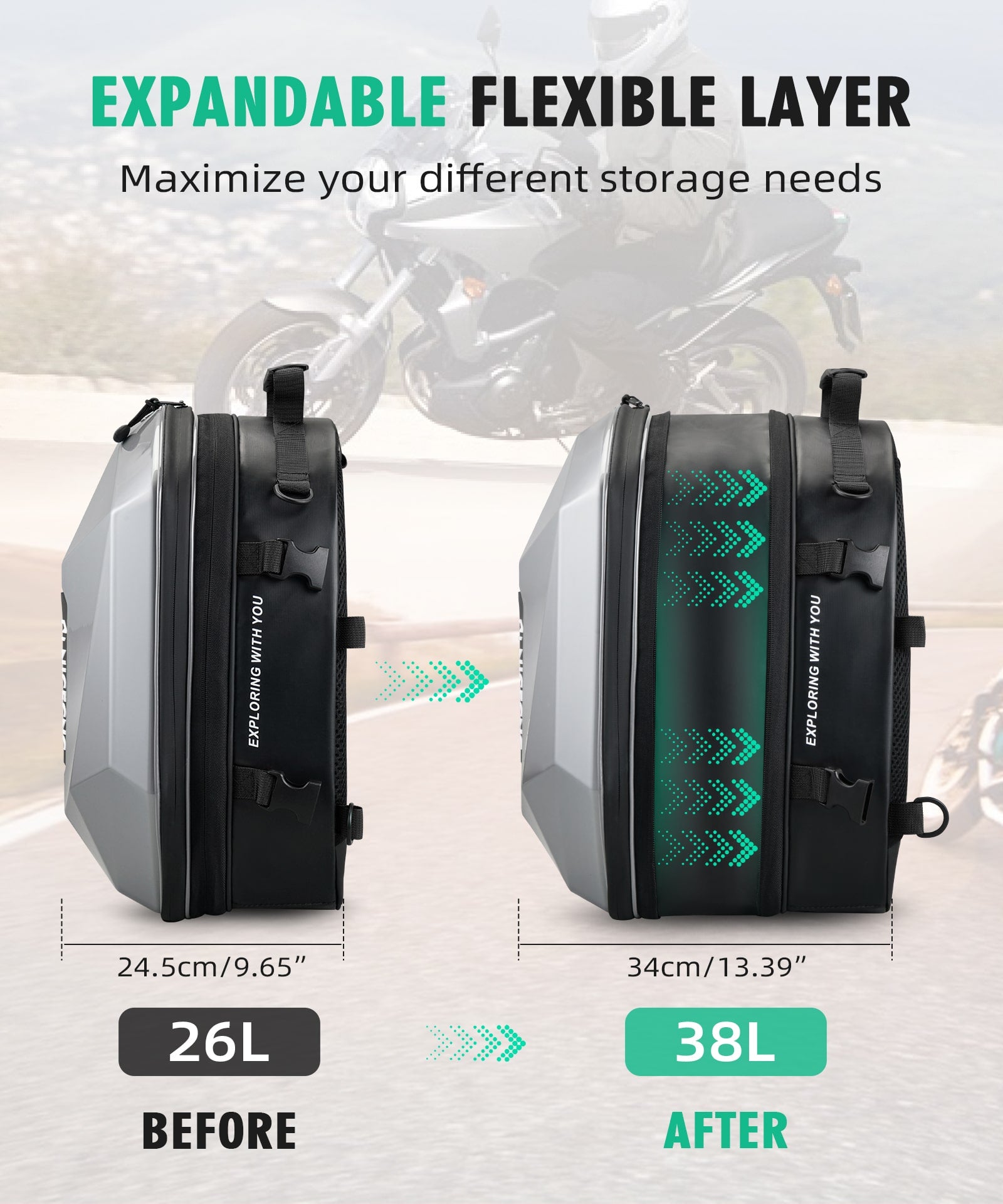Motorcycle Backpack Hardshell 38L Expandable Tail & Helmet Bag