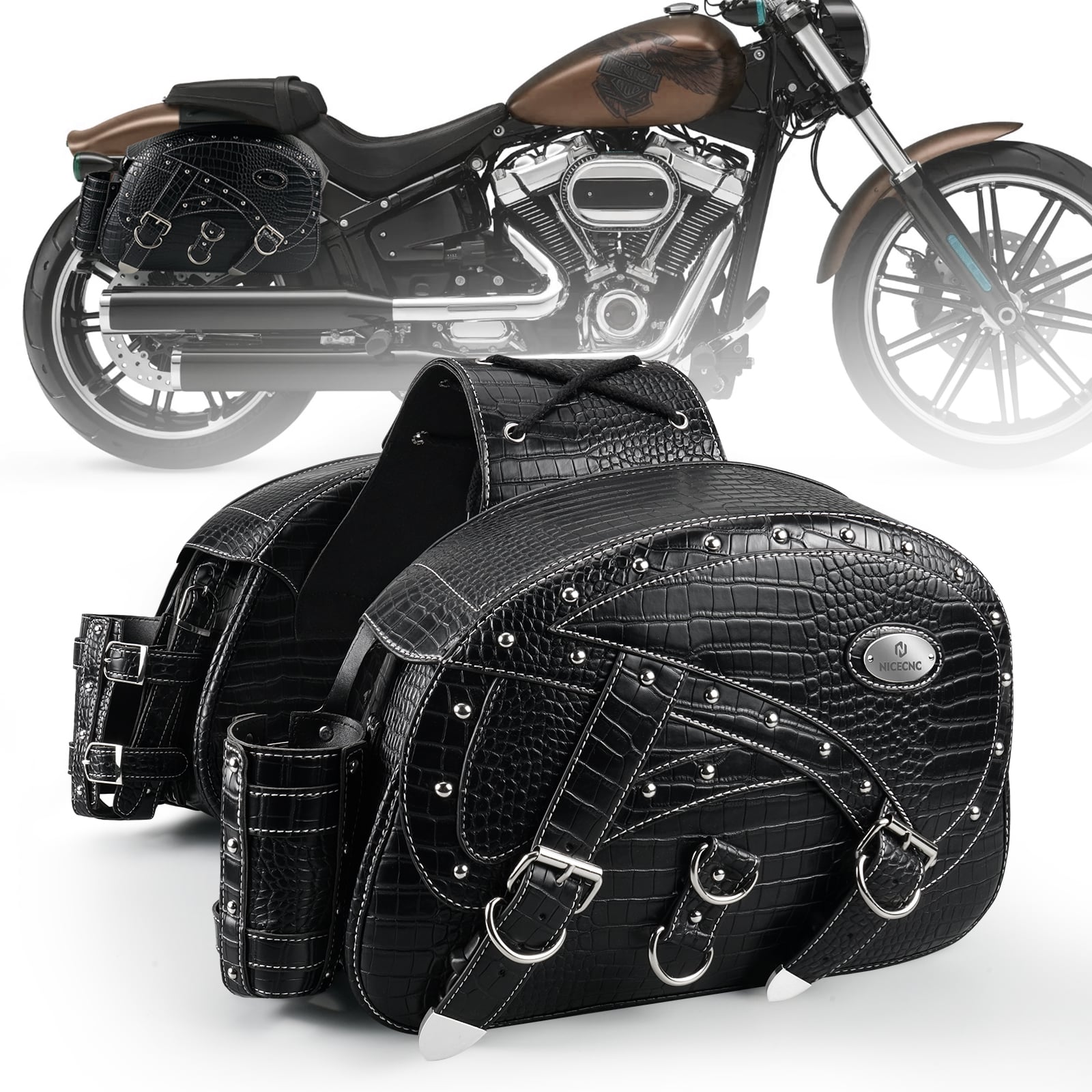 Motorcycle Saddlebags 35L Heavy Duty Leather Waterproof with Cup Holders For Cruiser Softail Dyna Road King