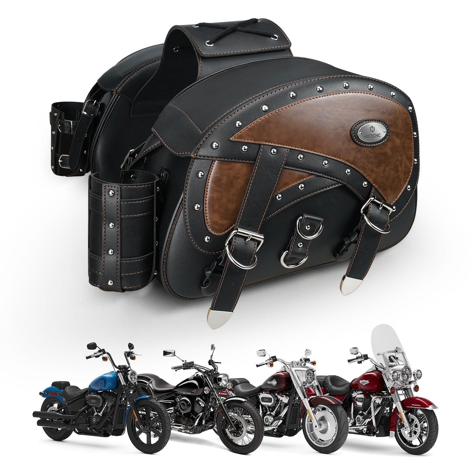Motorcycle Saddlebags 35L Heavy Duty Leather Waterproof with Cup Holders For Cruiser Softail Dyna Road King