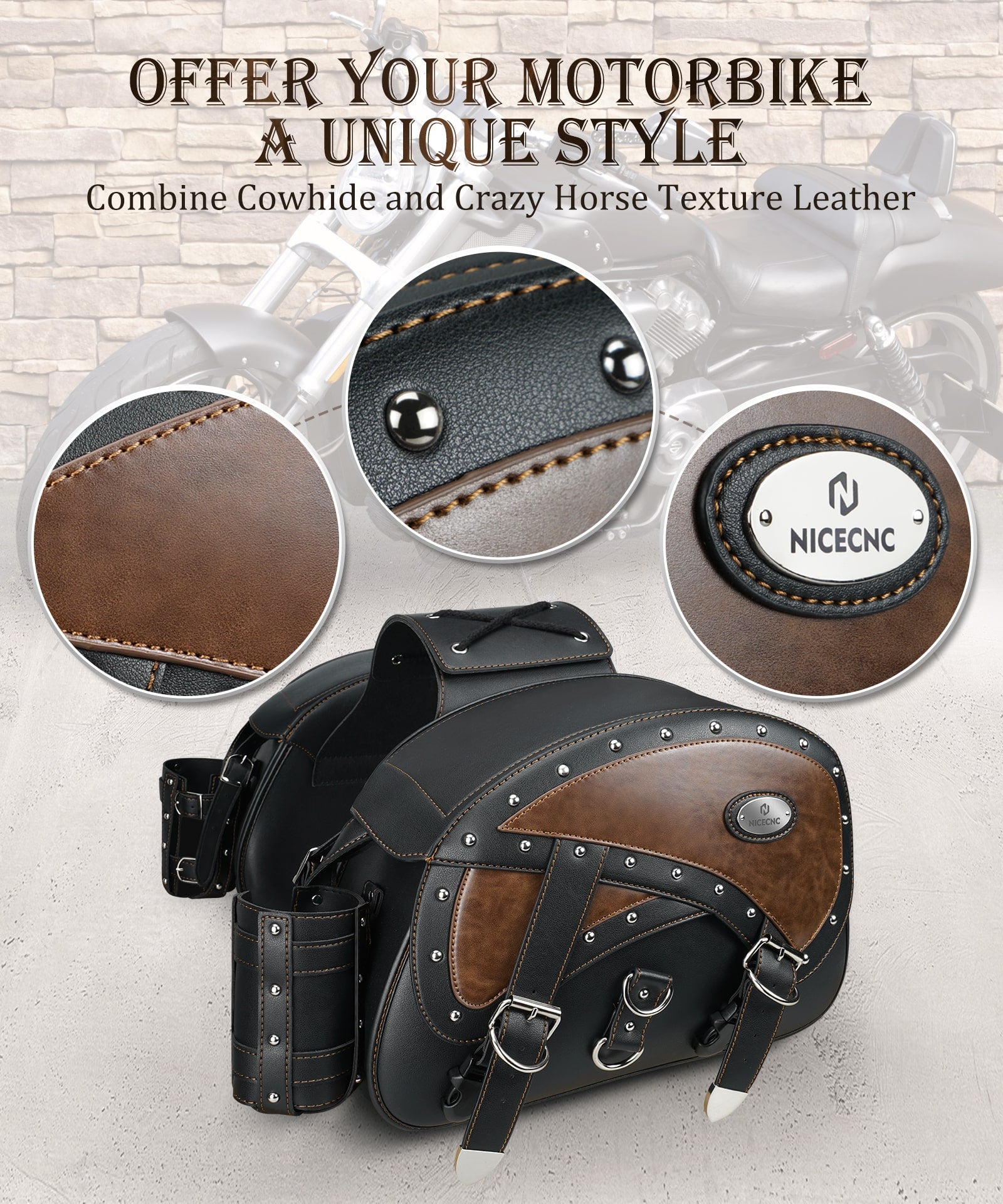 Motorcycle Saddlebags 35L Heavy Duty Leather Waterproof with Cup Holders For Cruiser Softail Dyna Road King