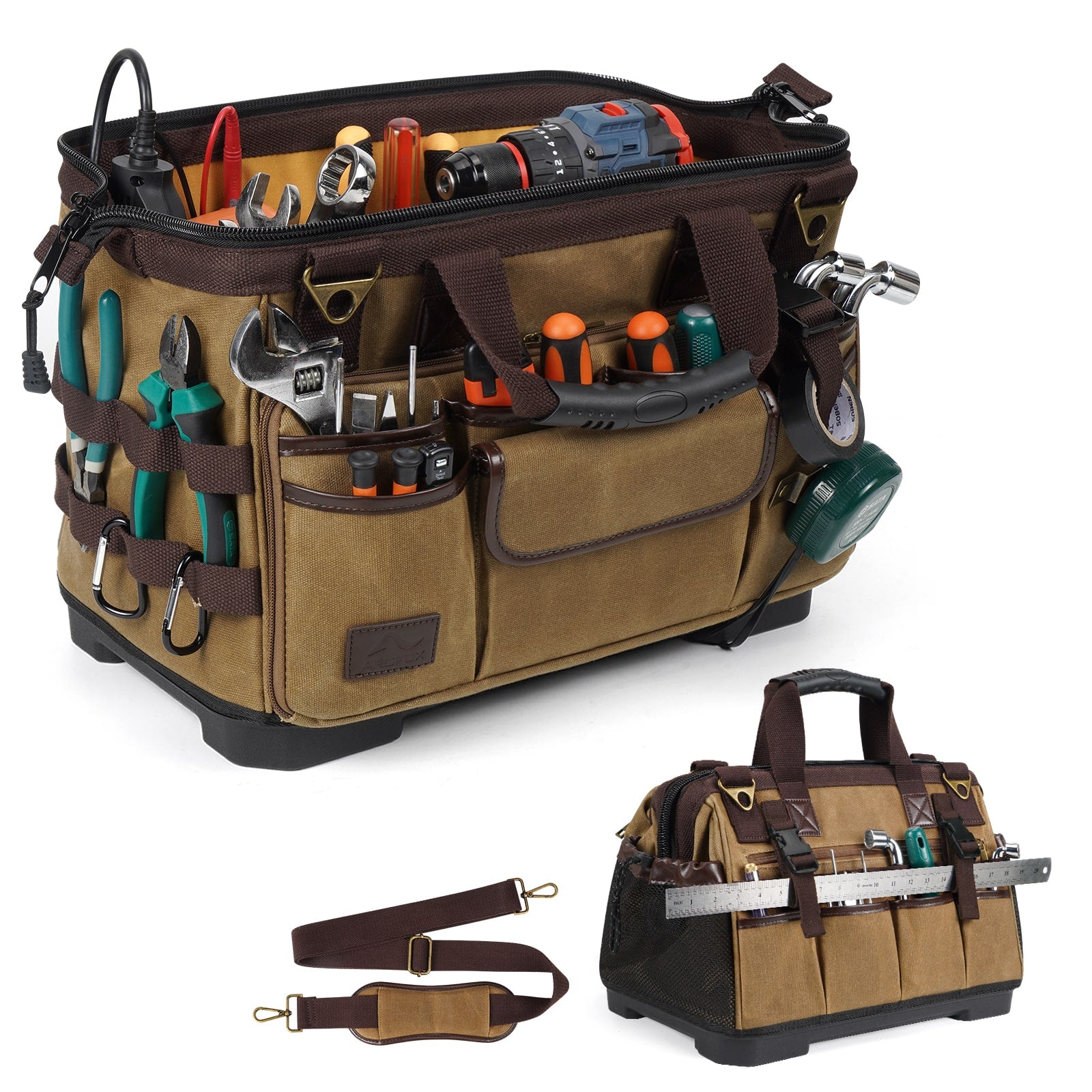 ARCFOX Vintage Waxed Canvas 16 Inch Mechanic Electrician 31 Pockets Tool Bag