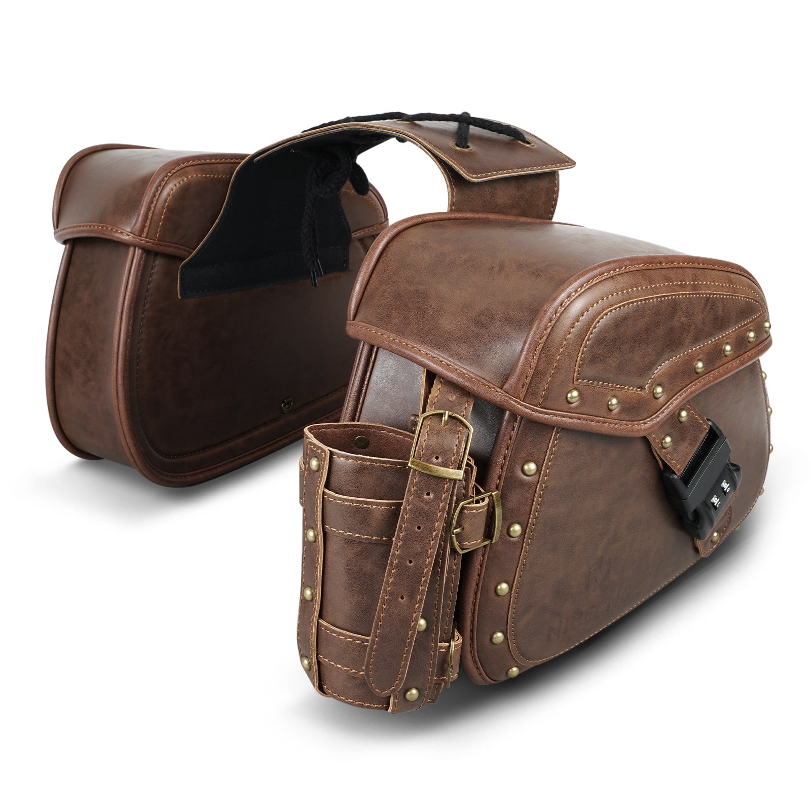 PU Leather Motorcycle Saddle Bags with Cup Holder & Lock for Universal Motorcycle, Brown