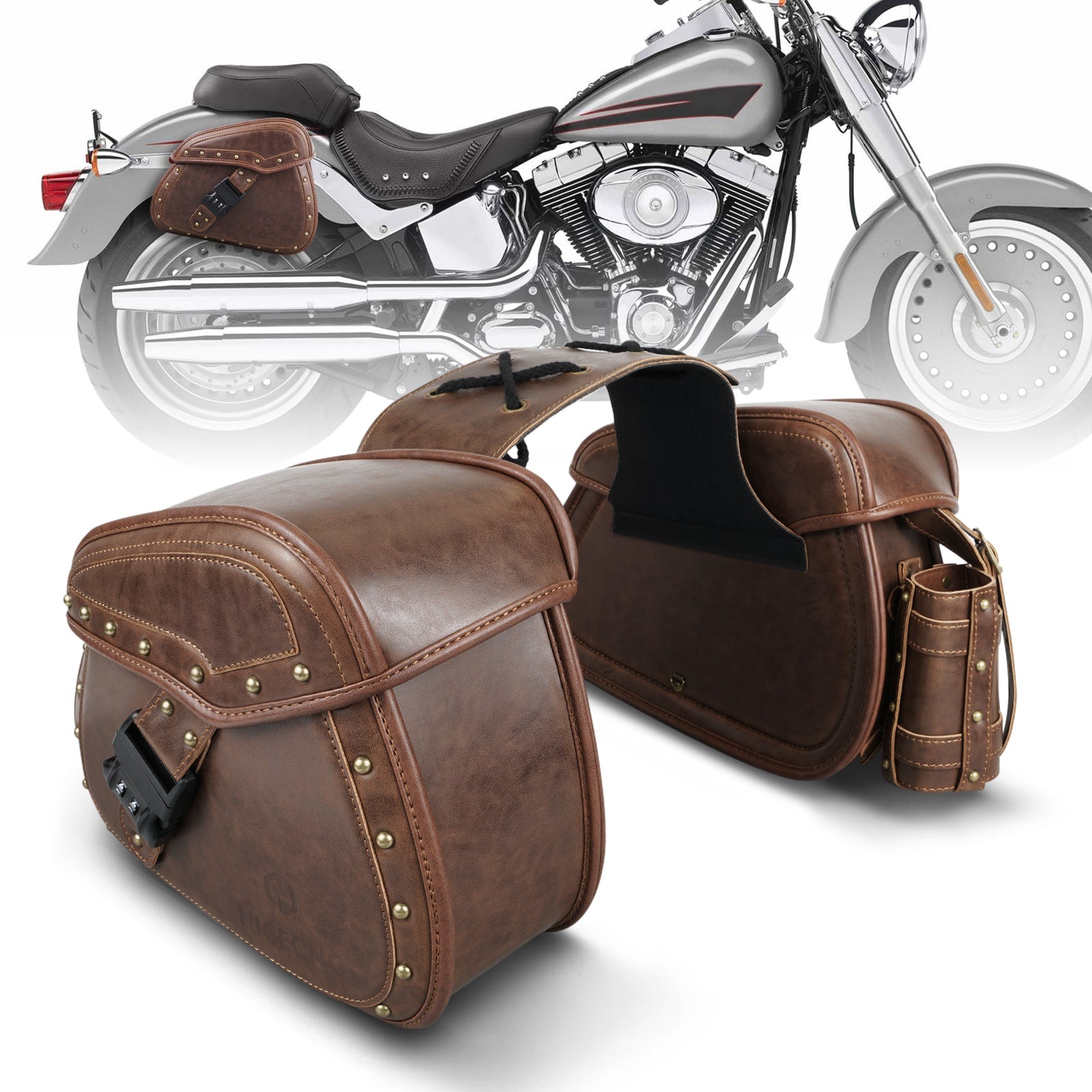 PU Leather Motorcycle Saddle Bags with Cup Holder & Lock for Universal Motorcycle, Brown