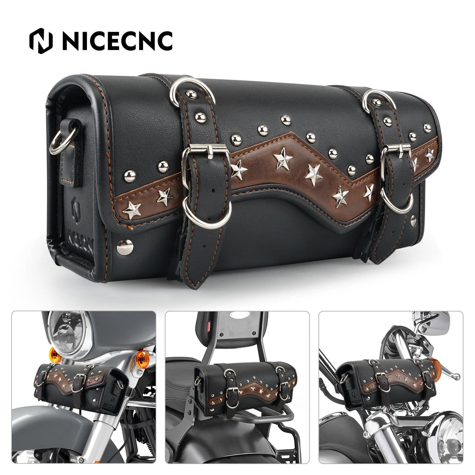 Motorcycle Handlebar Bag Star Rivet Cowhide Texture PU leather