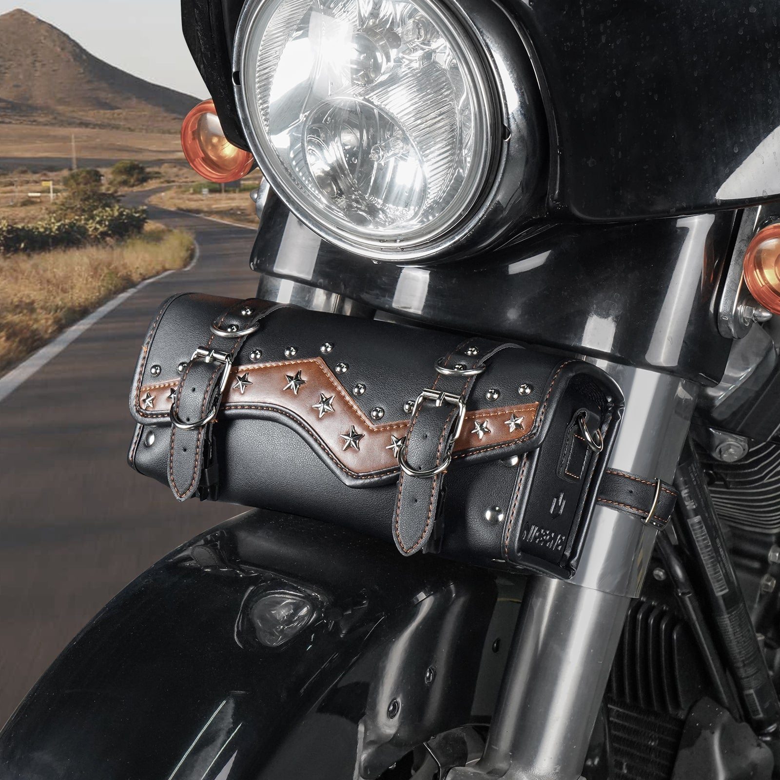Motorcycle Handlebar Front Fork Bag Star Rivet Cowhide Texture PU leather