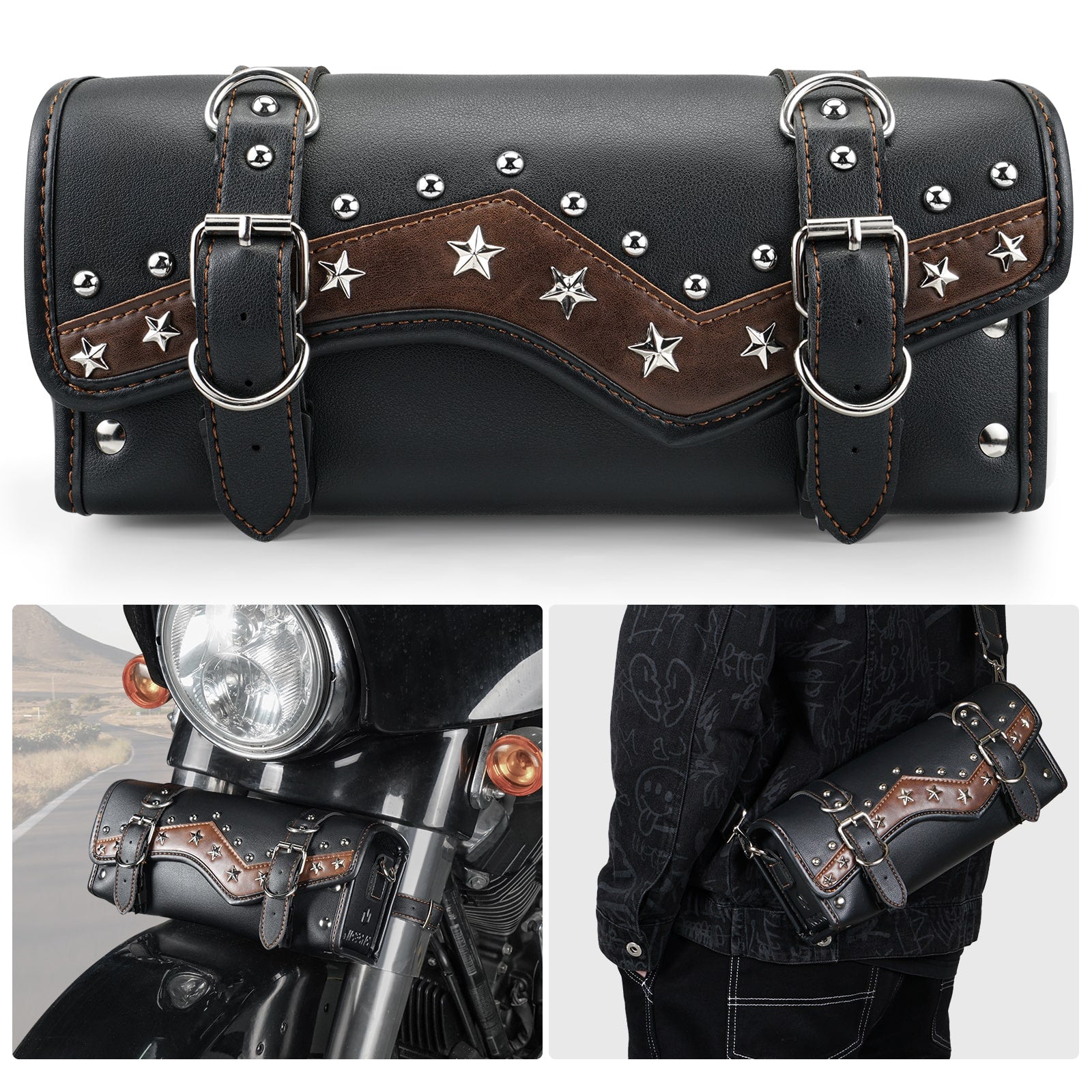 Motorcycle Handlebar Bag Star Rivet Cowhide Texture PU leather