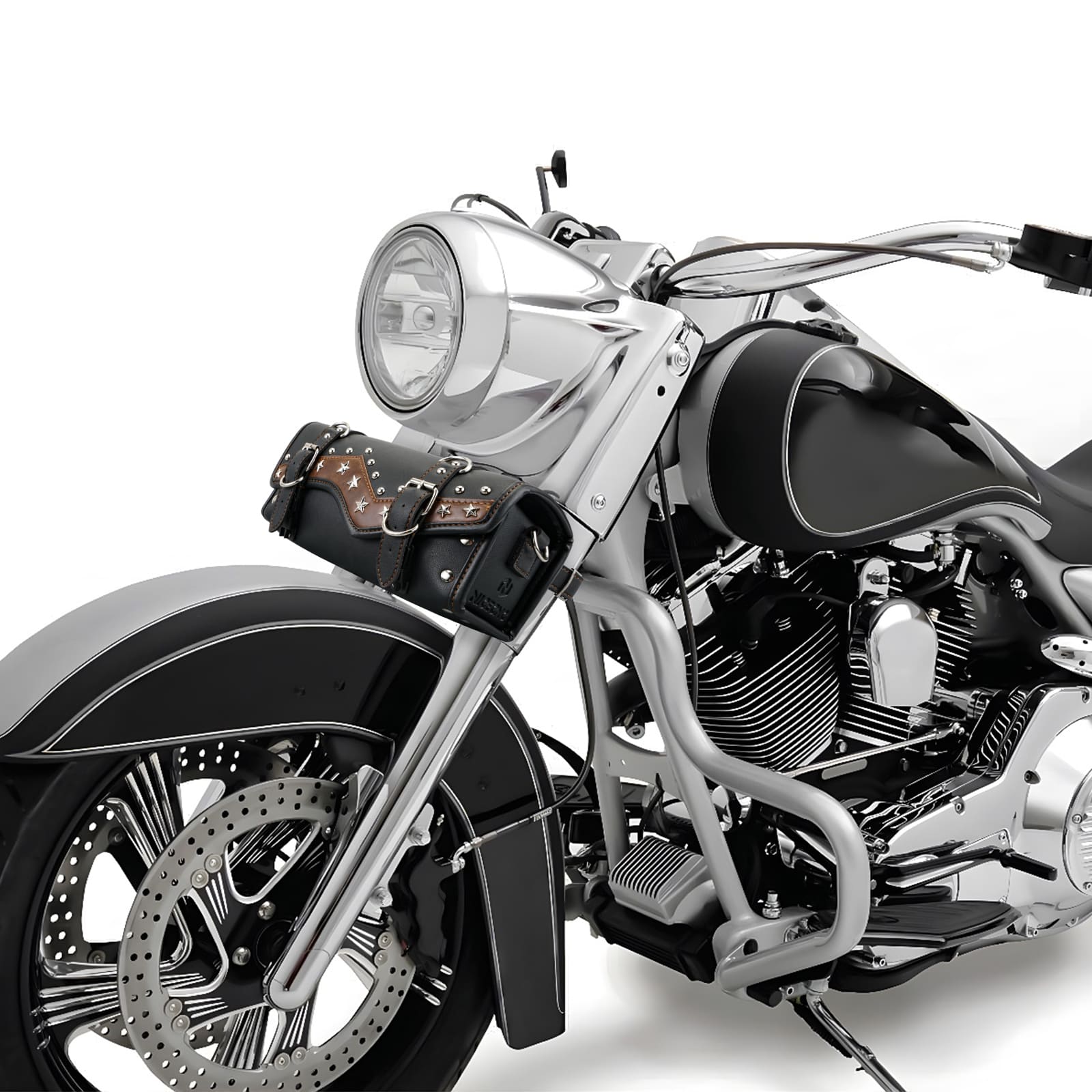 Motorcycle Handlebar Front Fork Bag Star Rivet Cowhide Texture PU leather