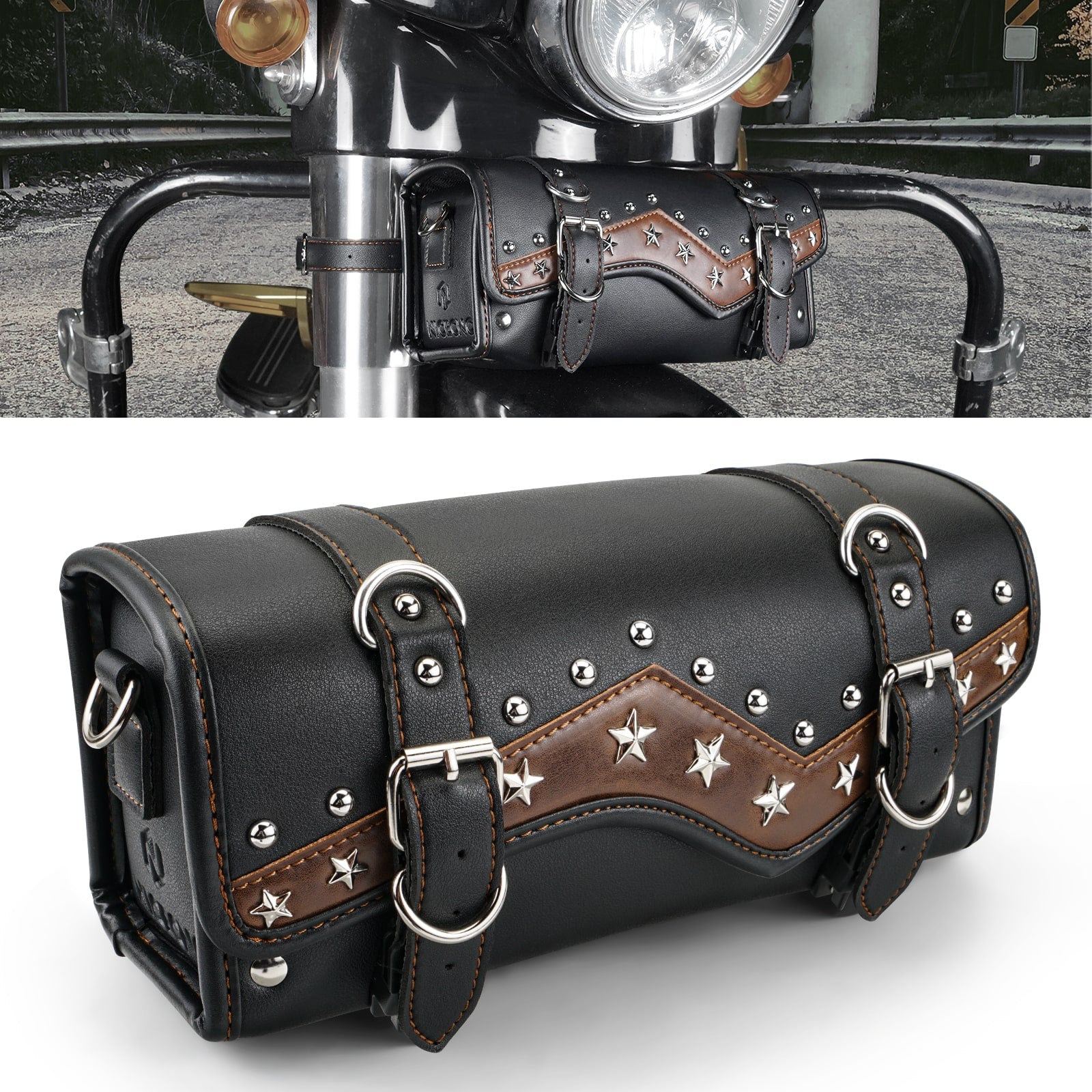 Motorcycle Handlebar Bag Star Rivet Cowhide Texture PU leather