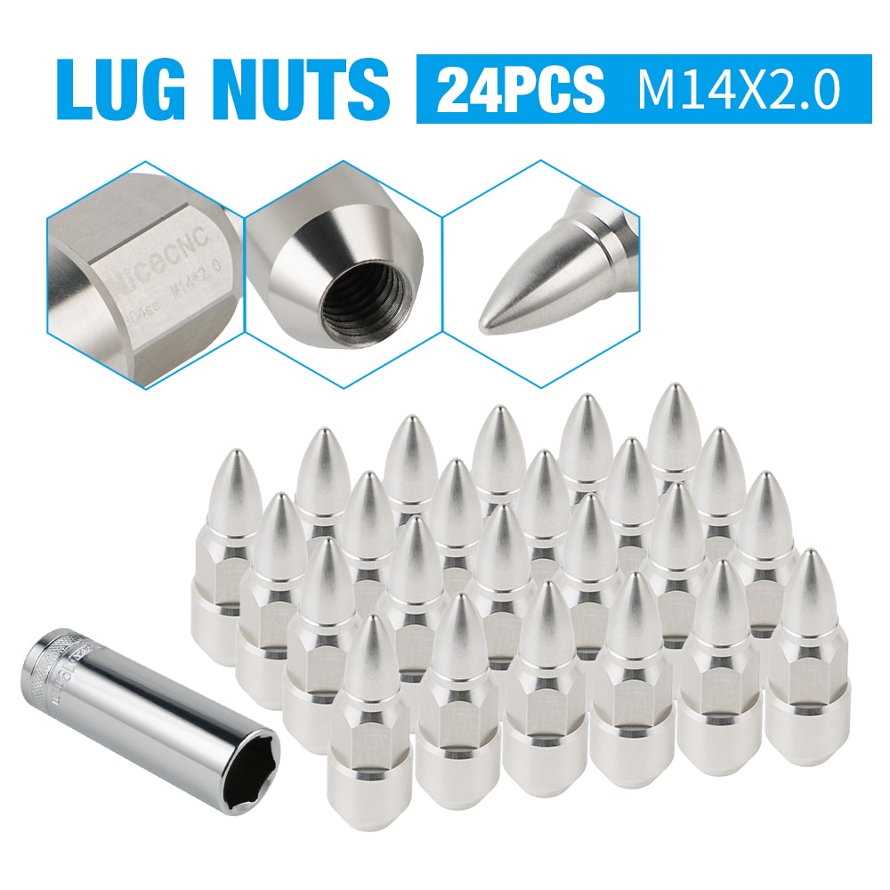 M14X2 Wheel Lug Nuts Conical Taper Steel Pointed Shape 24PCS